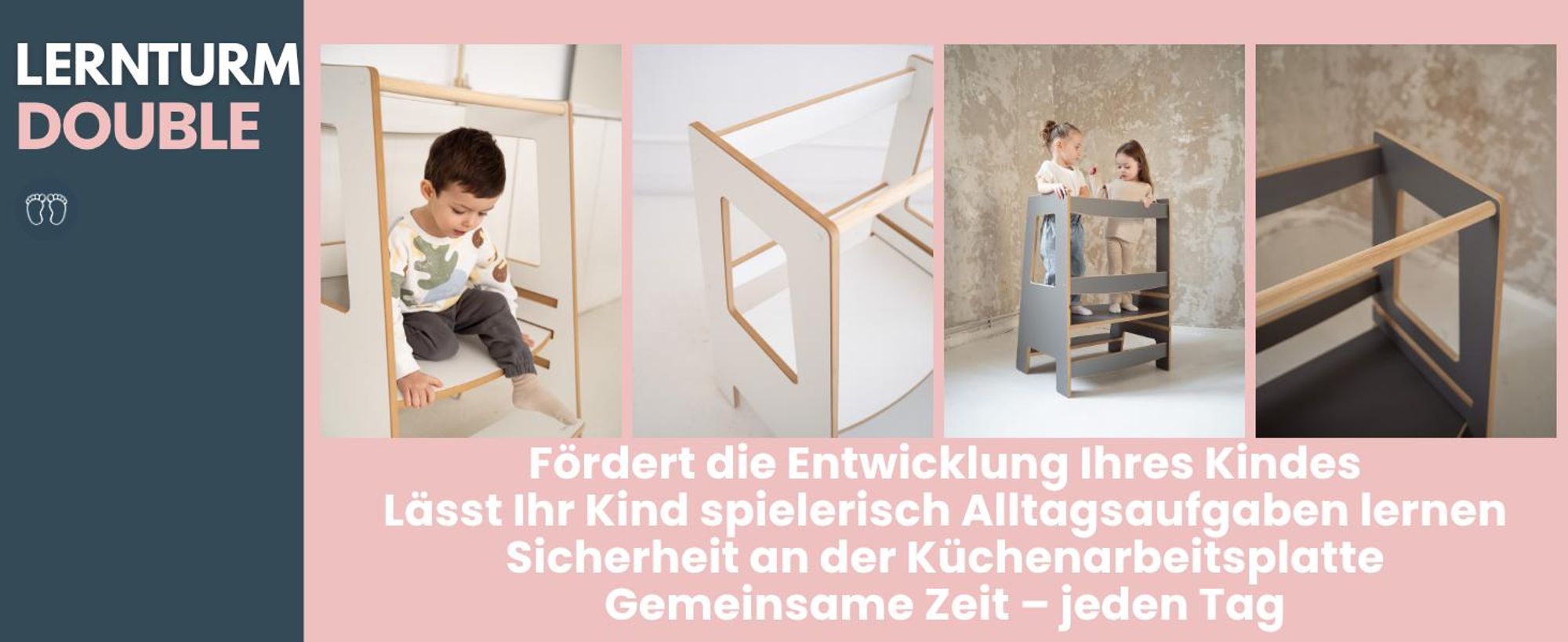 DOUBLE - Montessori Lernturm Kitchen Helper Kinderplattform Küchenturm | Lernturm für Geschwister | Lernturm für zwei Kinder