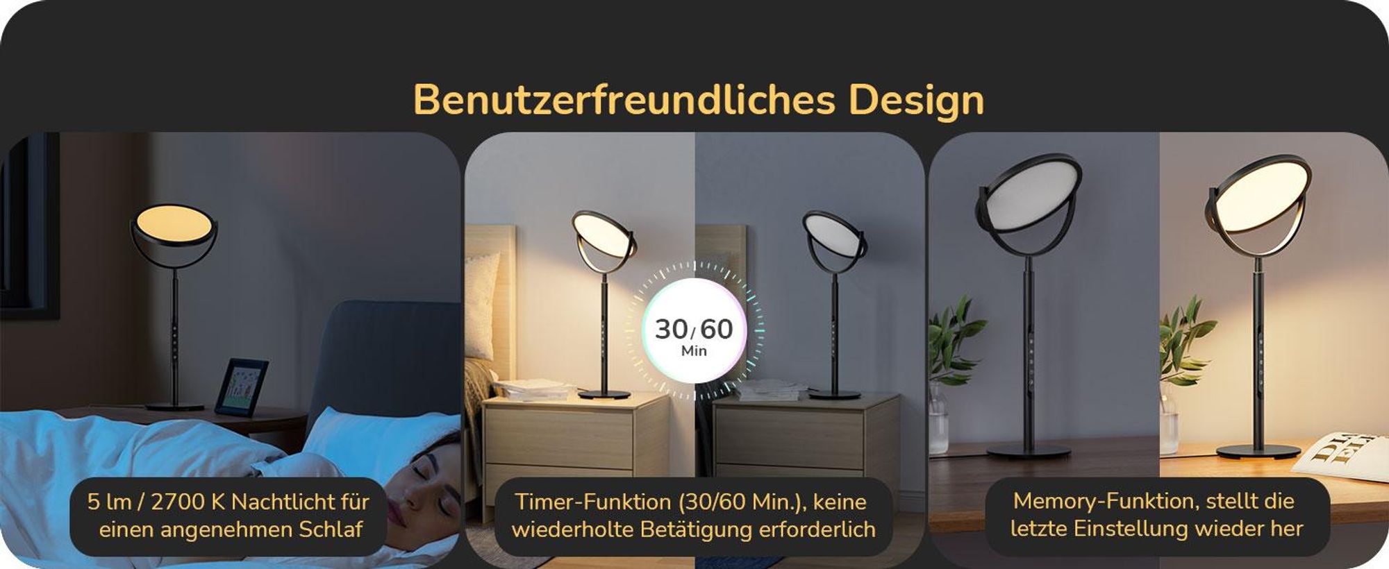 EDISHINE LED Nachttischlampe Touch dimmbar, 300° drehbares LED-Panel,Tischlampe mit Timer