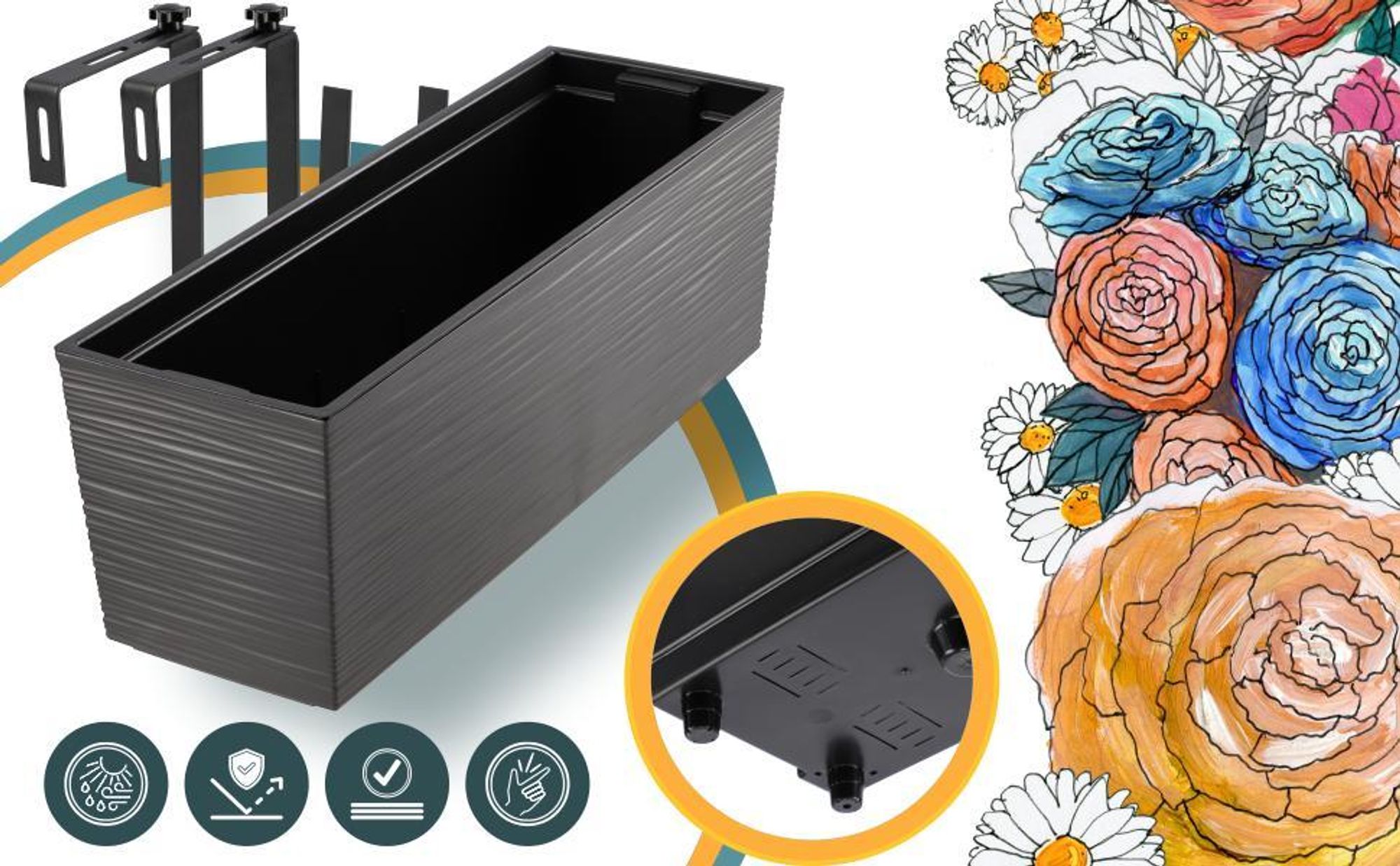 KADAX Blumentopf mit Einsatz "Treviso", 56 cm, Mit Halterungen, Ritzmuster, Grafit