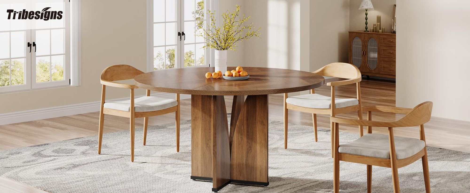 Tribesigns Table de salle à manger ronde, pour 4 personnes, avec plateau et pieds en bois, avec piètement stable en X, 100*100*75 cm, salle à manger et salon, marron rustique