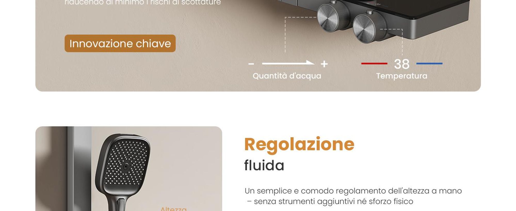 Sistema doccia EMKE con termostato, antracite opaco - Flusso d'acqua regolabile, doccia a pioggia 36x24 cm, doccetta con 4 getti