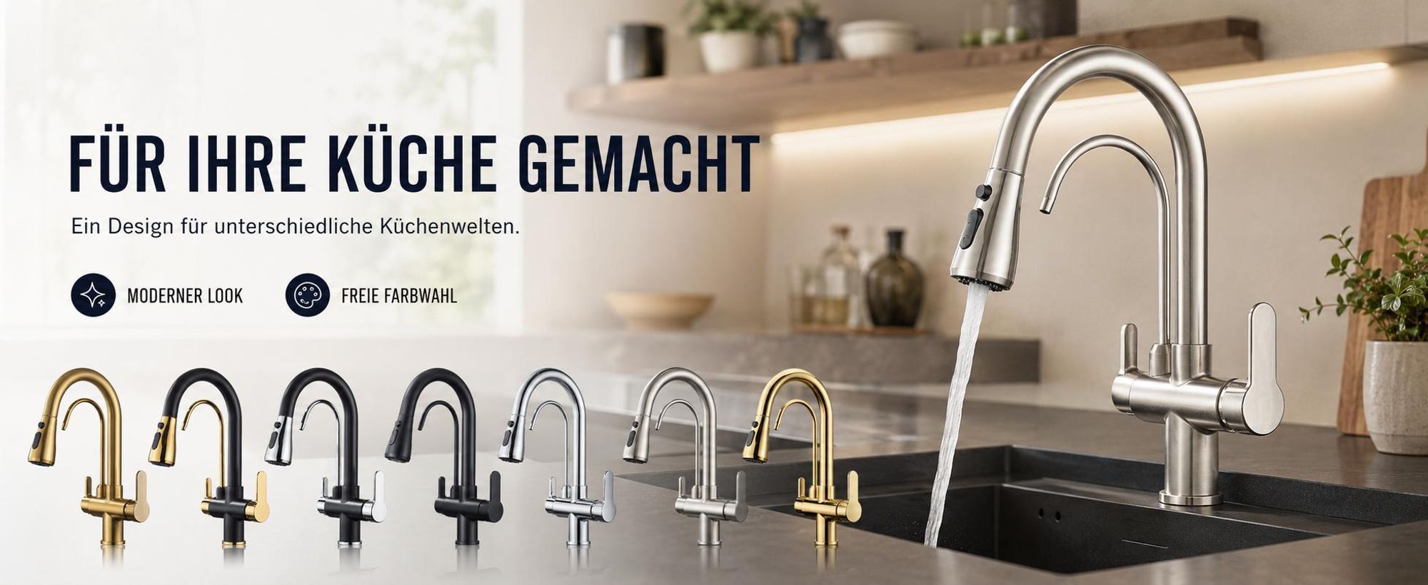 3-Wege Küchenarmatur NORDIC mit Wasserfilter-Anschluss, herausziehbare Brause, 360° schwenkbar, getrennte Wasserwege, Keramikkartusche Schwarz-matt