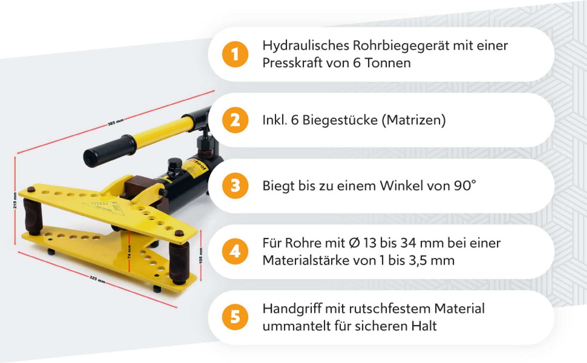 Wiltec Rohrbiegegerät hydraulisch, 6 t Presskraft, Ø6,35–25,4mm, Dicke 1-3,5 mm, 6 Biegestücke, Hydraulik Biegemaschine für Rohre aus Gusseisen