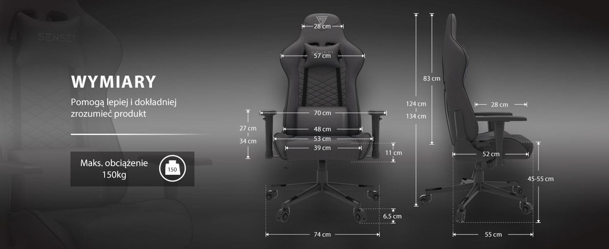 Krzesło gamingowe SENSE7 Spellcaster, tapicerka czarno-szara – ergonomiczne krzesło biurowe, krzesło do biurka komputerowego, krzesło dla graczy, nośność 150 kg, podłokietniki z regulacją 2D, oparcie odchylane o 160°, fotel szefa