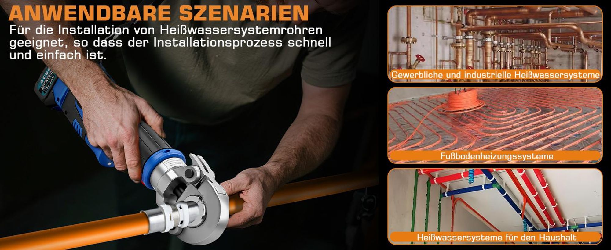 Akku Presszange V-Kontur TH-Kontur, 2x5000mAh Akkus, LCD-Display, Hilfsgurt, Ein-Mann-Bedienung, Crimpzange für Kupferrohre Edelstahlrohre Verbundrohr