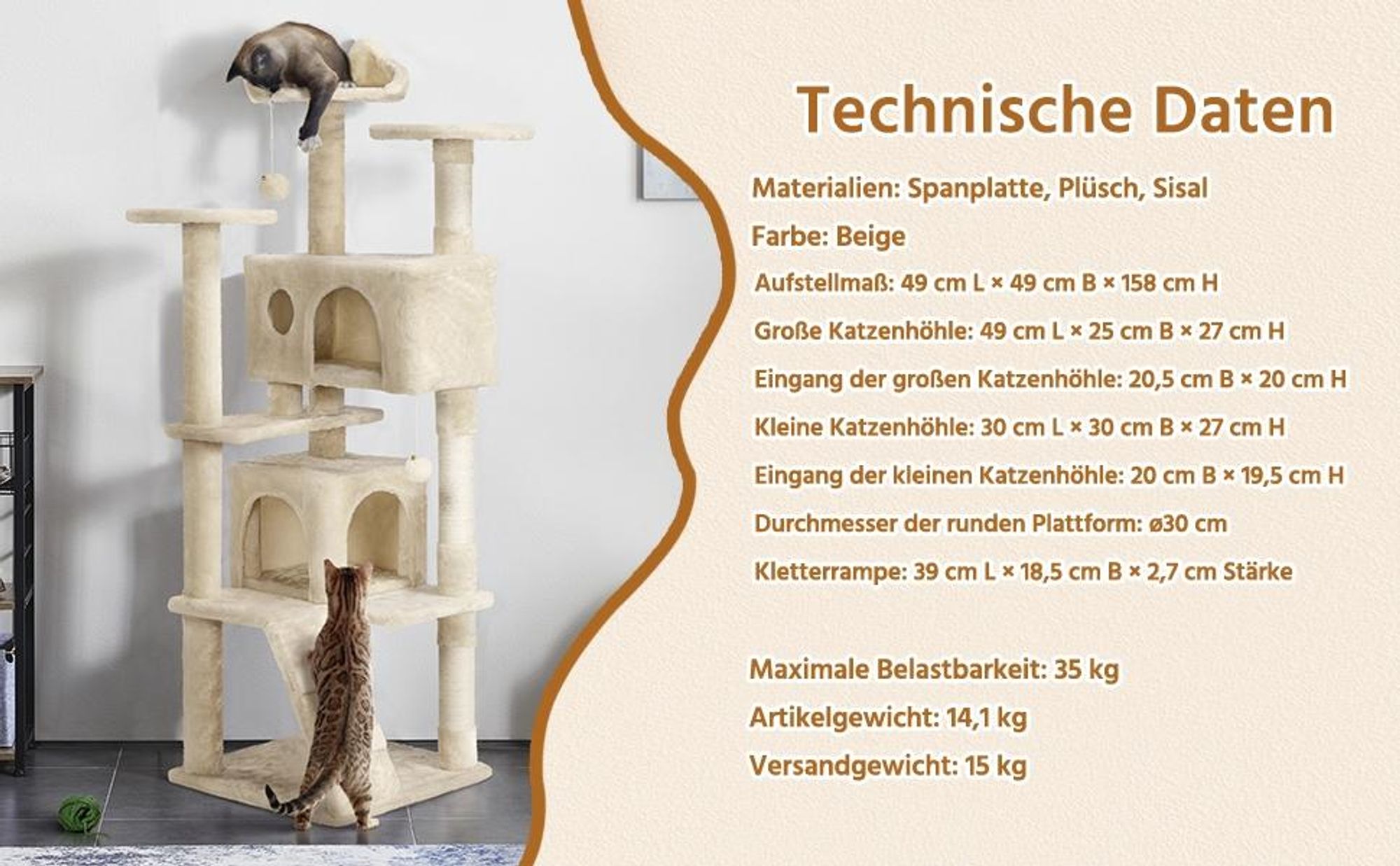 Yaheetech Kratzbaum Katzenbaum Stabiler Katzenkratzbaum Katzenmöbel, Kletterbaum für Katzen Höhe 158 cm, Beige