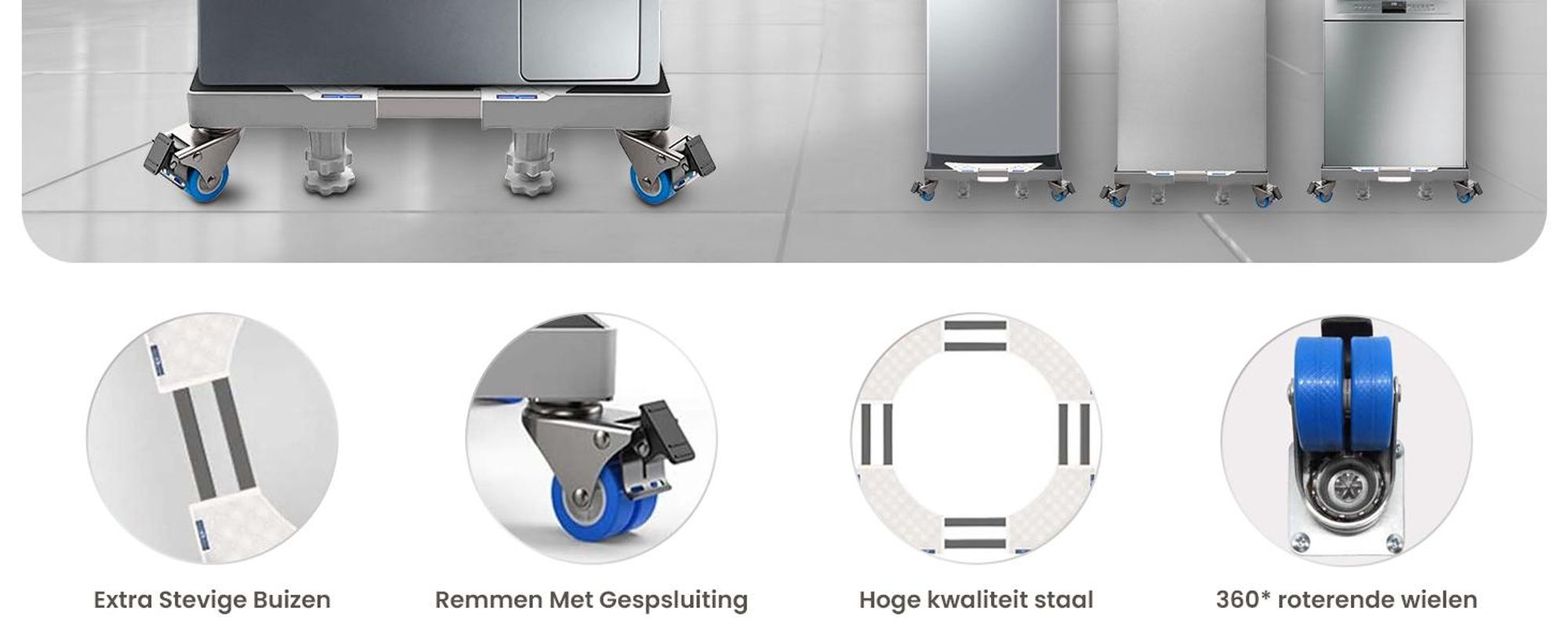 Olvy wasmachineonderstel met wielen, onderstel voor wasmachines, wasmachineonderstel, draagvermogen 300 kg, geschikt voor koelkasten en drogers
