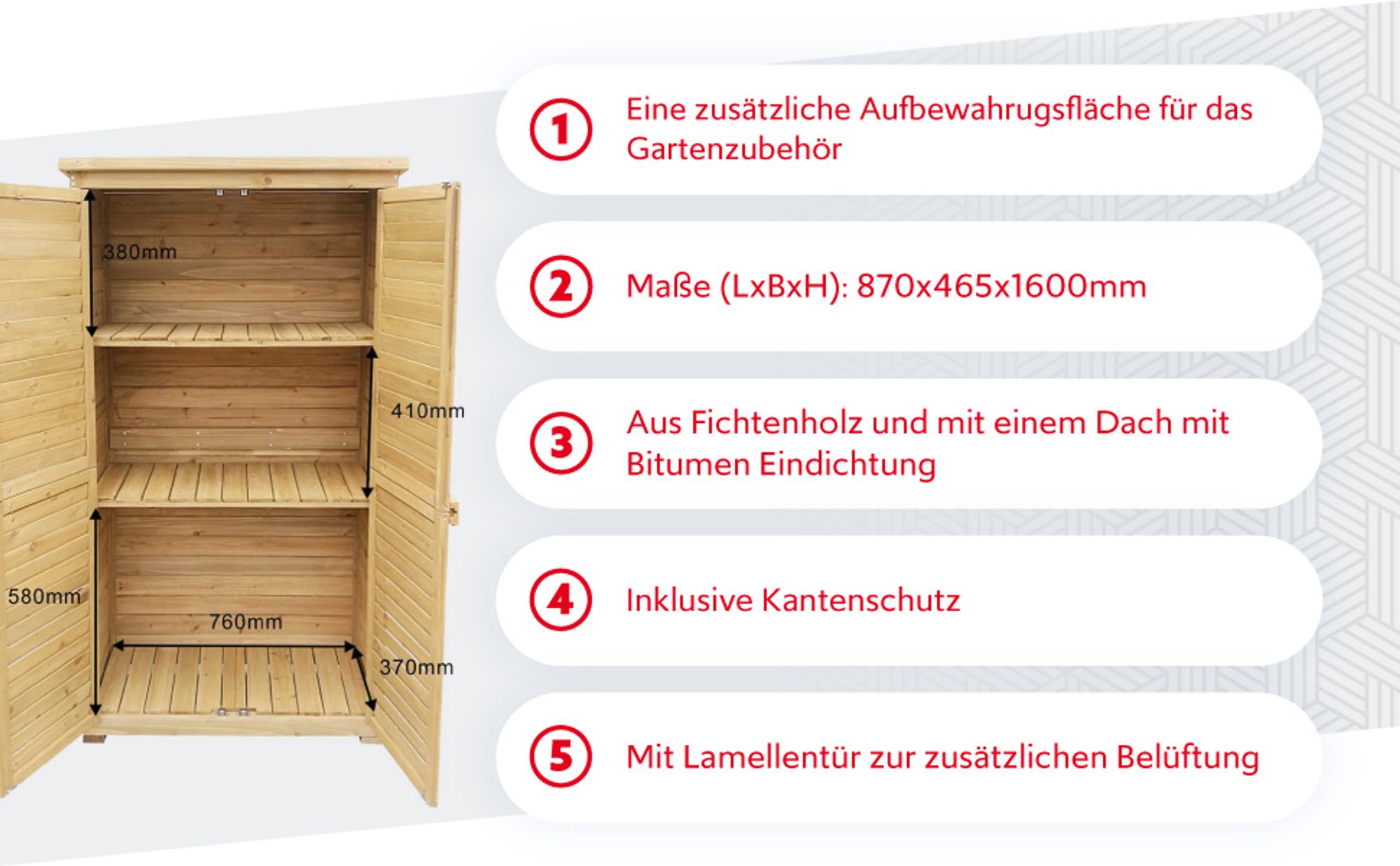 Wiltec Gartenhaus mit Lamellentür aus Fichtenholz mit Bitumendach 870x465x1600mm für Garten, Terrasse & Balkon Gerätehaus Geräteschuppen Holzhaus Werkzeugschrank