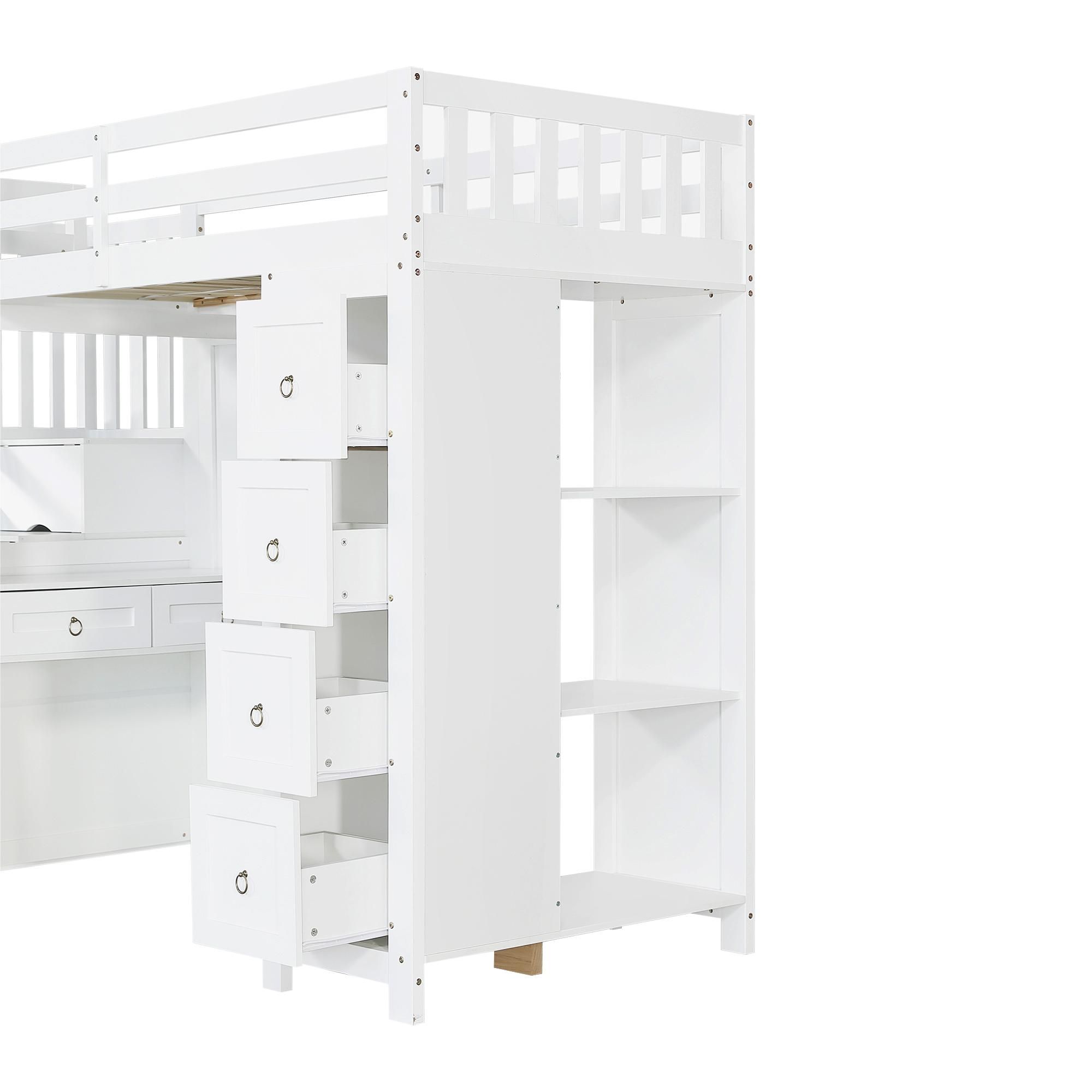 Flieks Etagenbett 90x200cm mit Schreibtisch und Regal, Kinderbett Hochbett mit Schubladen und Treppe, Stockbett Jugendbett mit Rausfallschutz, Weiß
