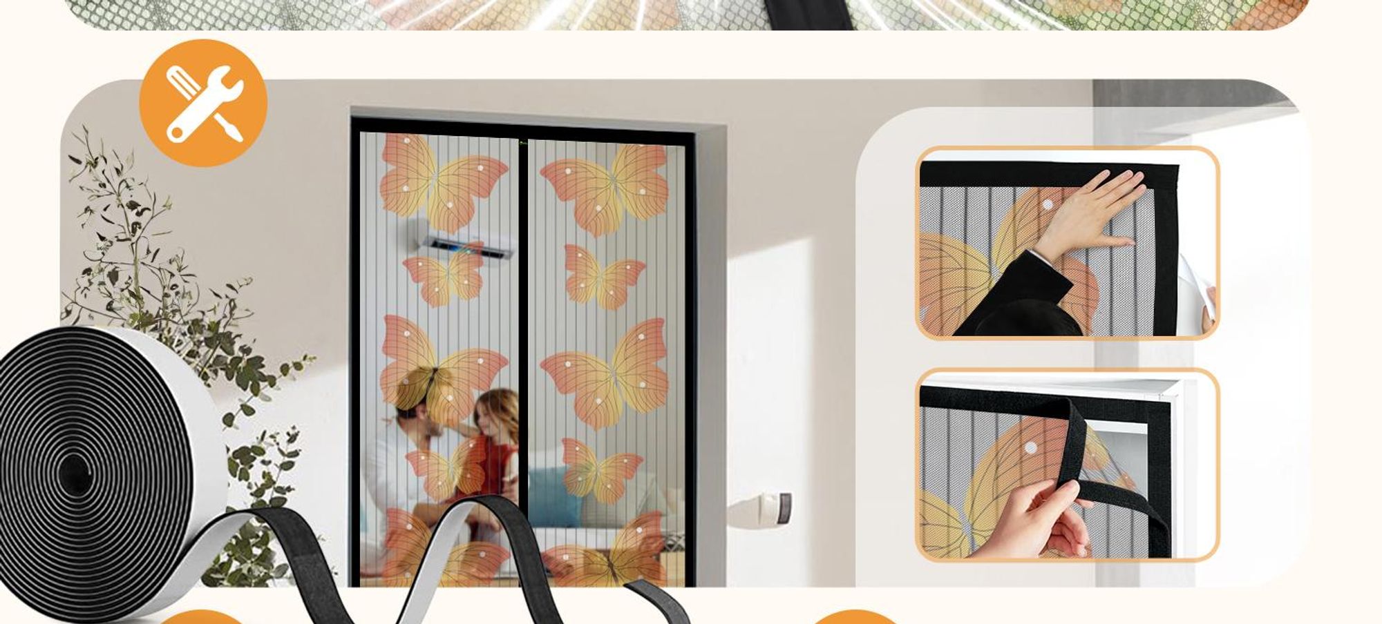 Fliegengitter für Balkontür mit Schmetterlingsmotiv – Magnetisch, Ohne Bohren, Insektenschutz für Balkon, Terrassentür Schwarz 90 x 210 cm