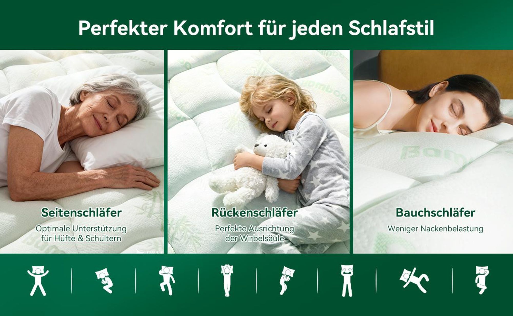 NicePlus 2-in-1 Topper, 90x200X7cm, 5-Zonen Memory Foam + Bambus-Pillow-Top, mit Eckgummis für alle Matratzen, H2/H3, Grün
