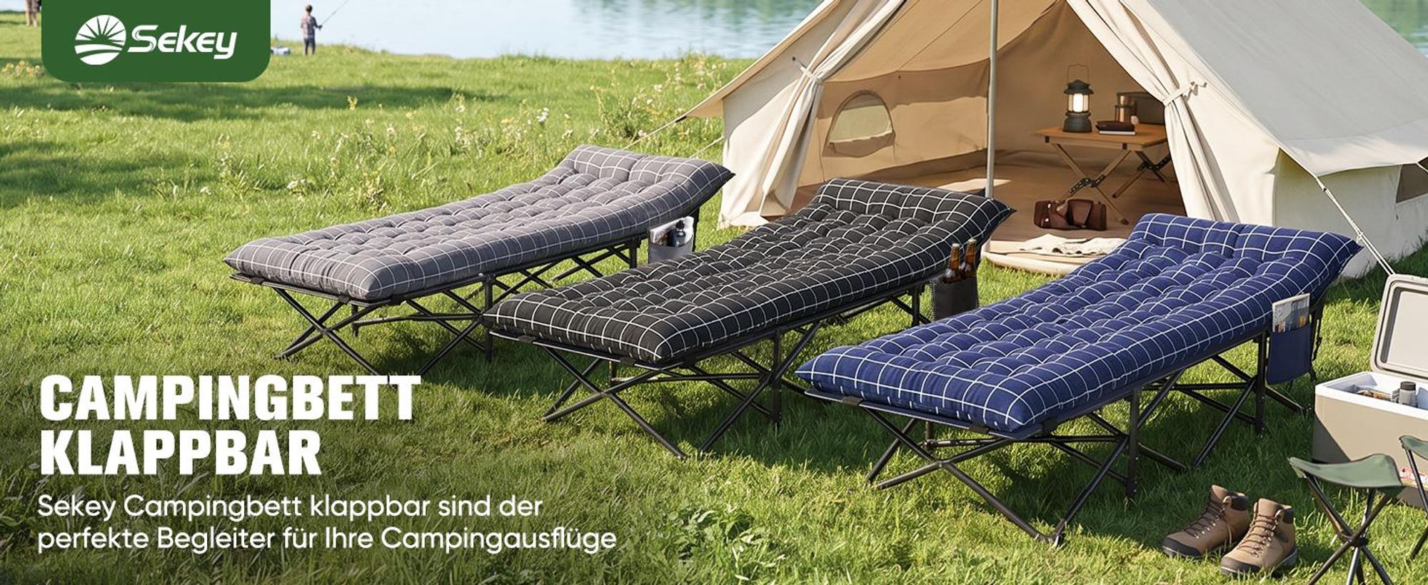 Sekey Tragbares Feldbett mit Matratze, Feldbett Klappbett Tragfähigkeit 200KG Campingbett für Indoor, Outdoor, Camping und Reisen, Blau-Kariert