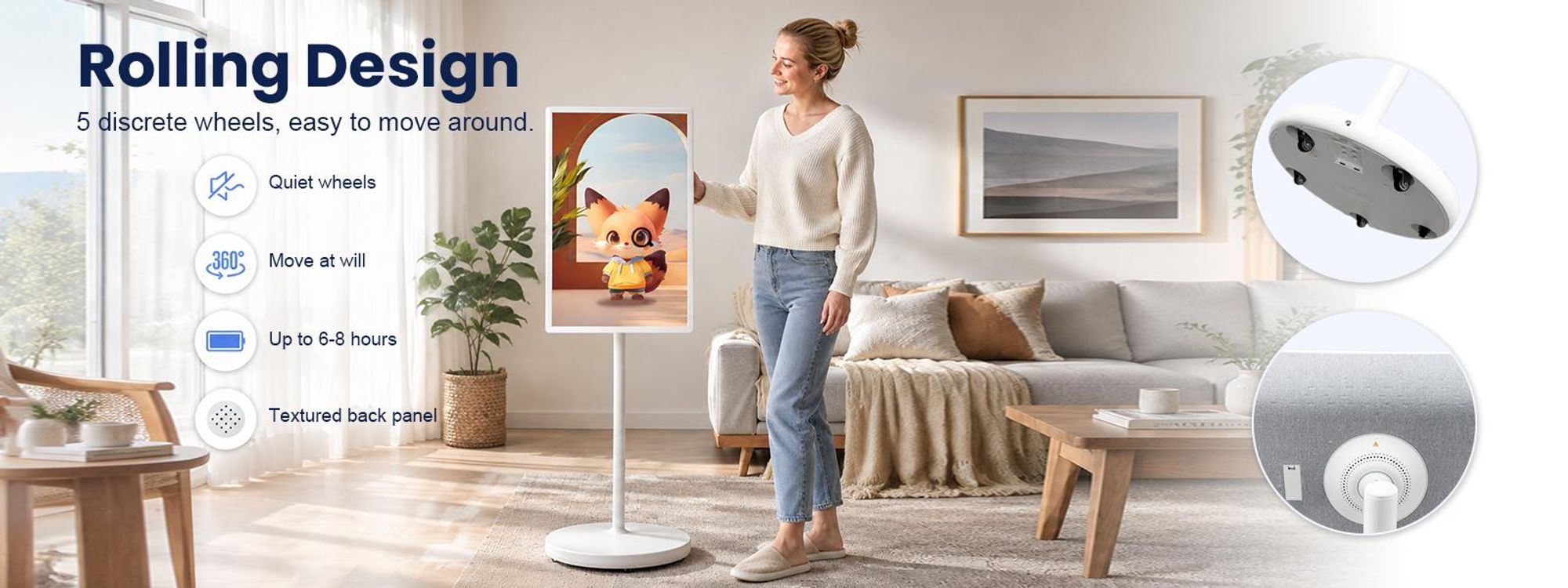 Einfach verschieben und flexibel im ganzen Haus einsetzen. Akkulaufzeit bis zu 6–8 Stunden.