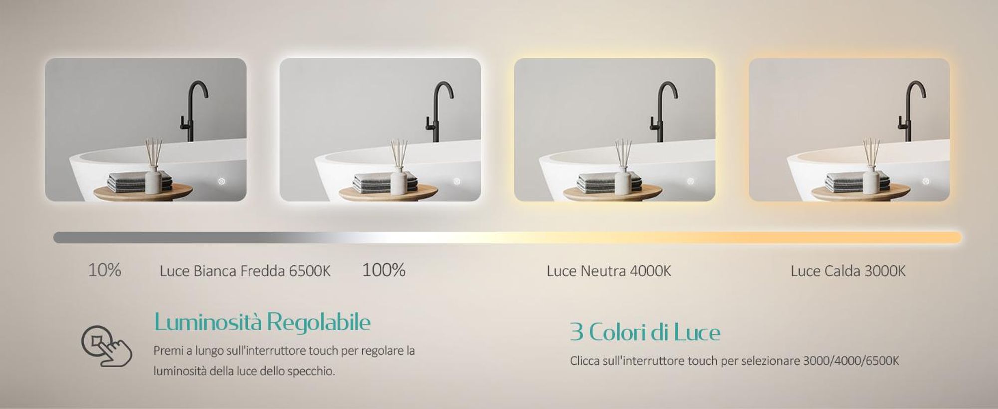 EMKE Specchio da bagno a LED 100x60cm con illuminazione 3 colori di luce bianco freddo neutro bianco caldo Specchio da bagno con interruttore a sfioramento