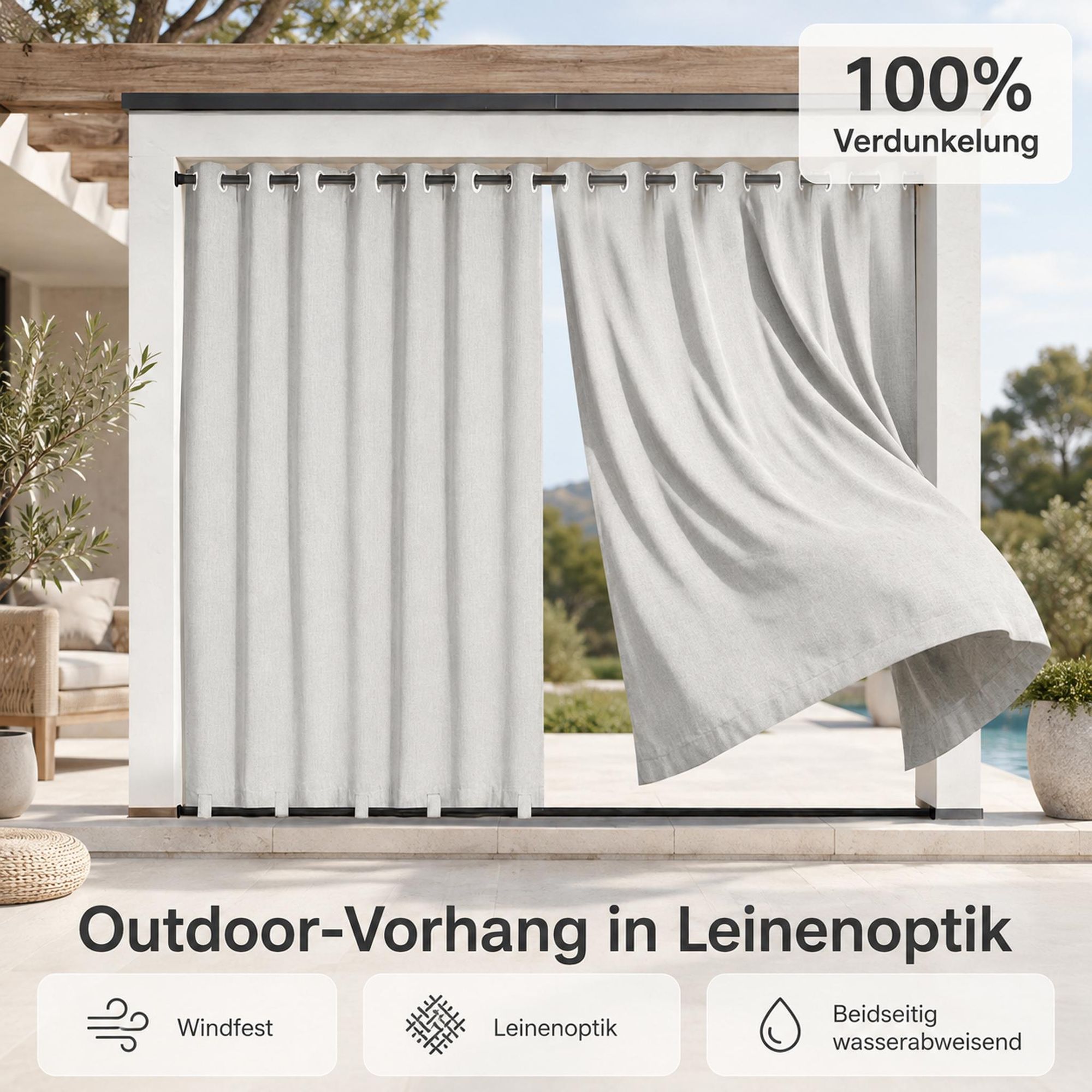 Outdoor Vorhang mit Ösen Grauweiß 254 x 214 cm Winddicht Thermo Gardine Extra Breit 100% Verdunkelung UV Schutz Blickdicht Balkonvorhang für Pavillon Terrasse