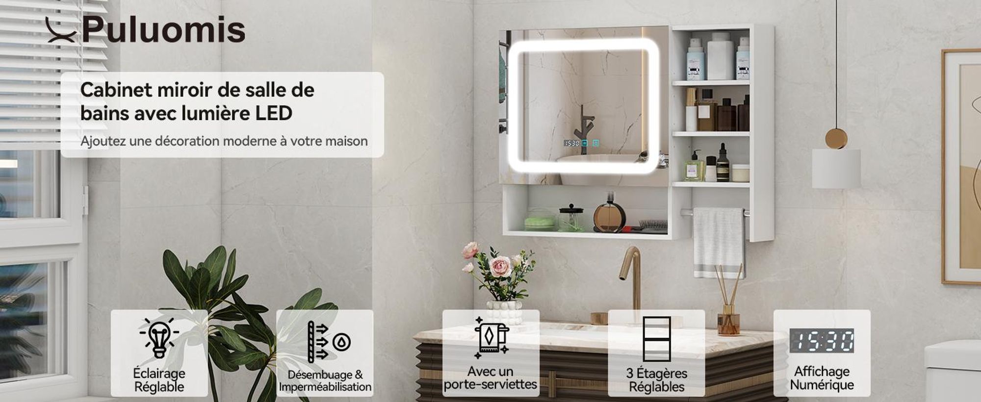Puluomis armoire de toilette salle de bain 80cm avec 3 couleurs d'éclairage variable, horloge digitale, porte-serviettes, anti-buée armoire de salle de bain murale blanche