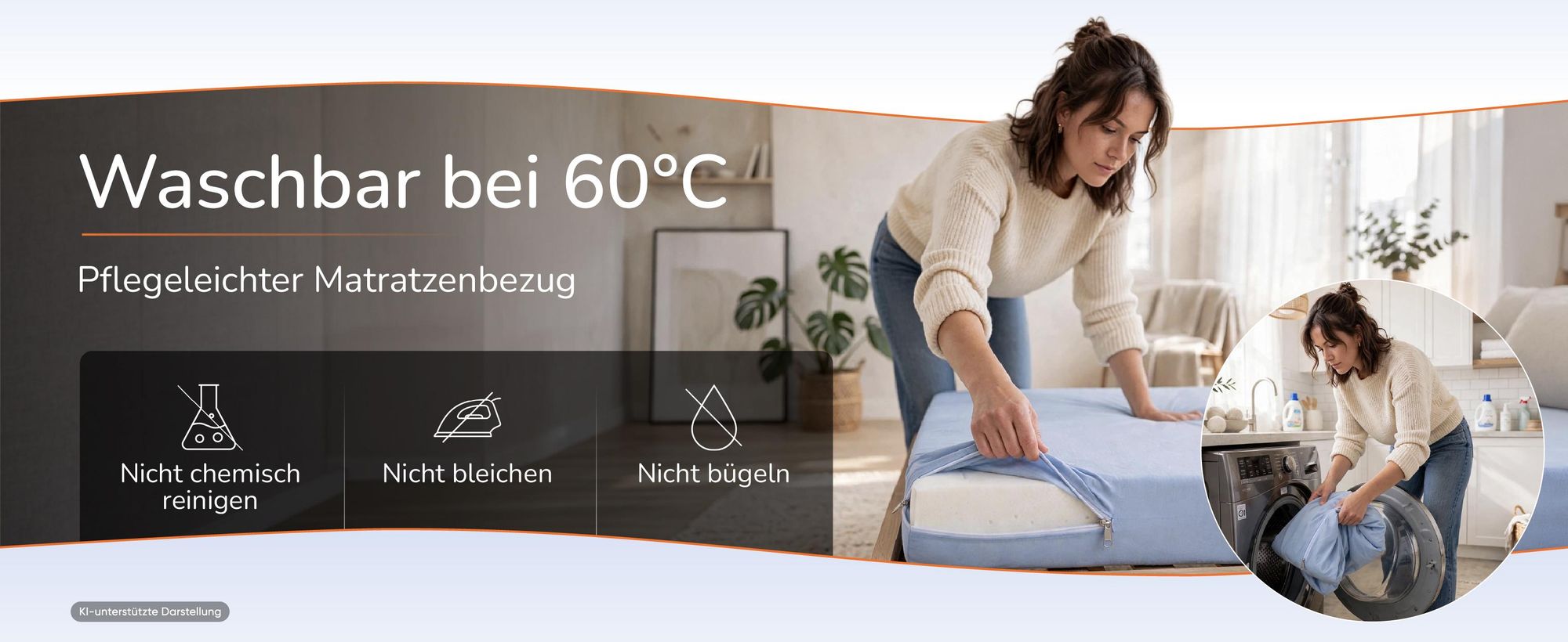 Bezug bei 60 °C waschbar, nicht chemisch reinigen, nicht bleichen, nicht bügeln