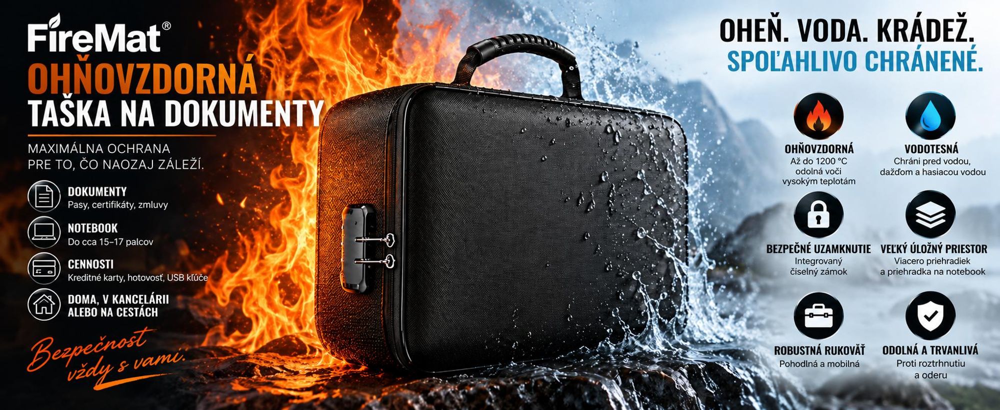 Ohnivzdorný kufr FireMat vhodný do domácnosti, kanceláře, auta i na cesty.