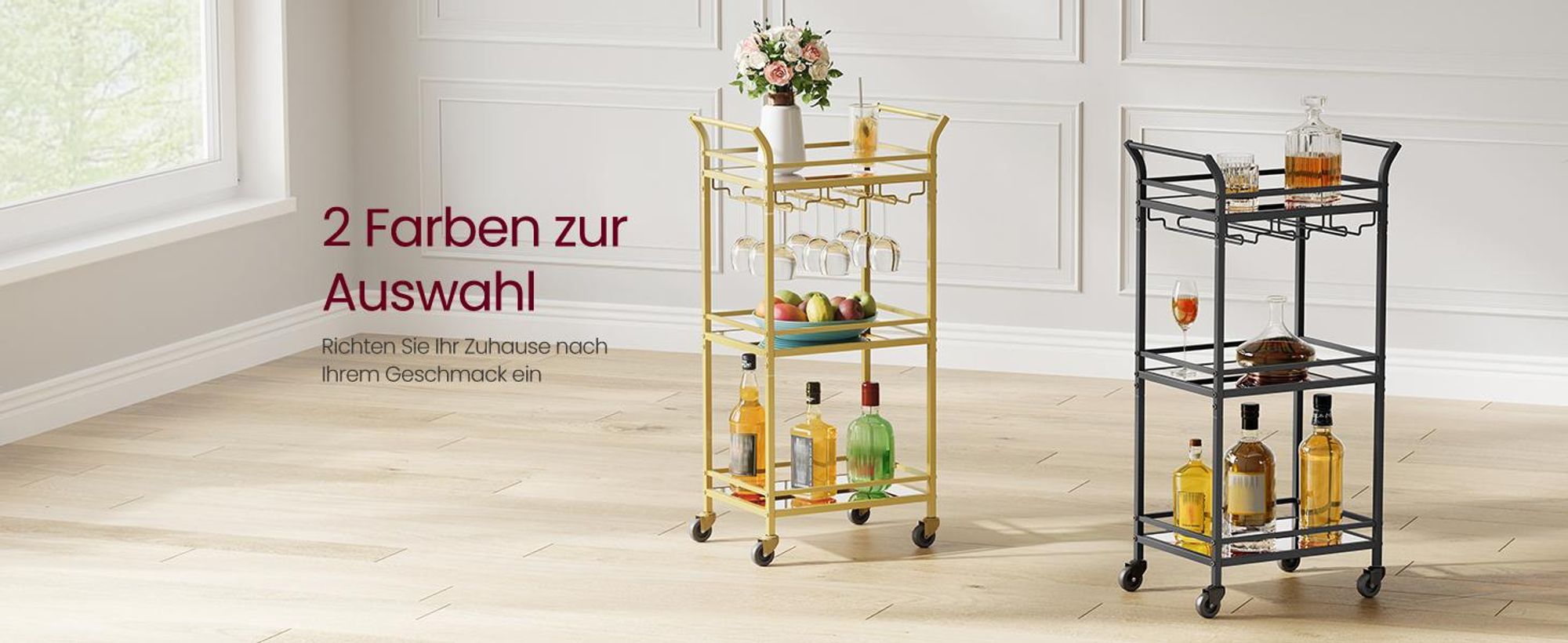 VASAGLE kleine Servierwagen, Rollwagen, verspiegelte Glasablagen, goldfarben