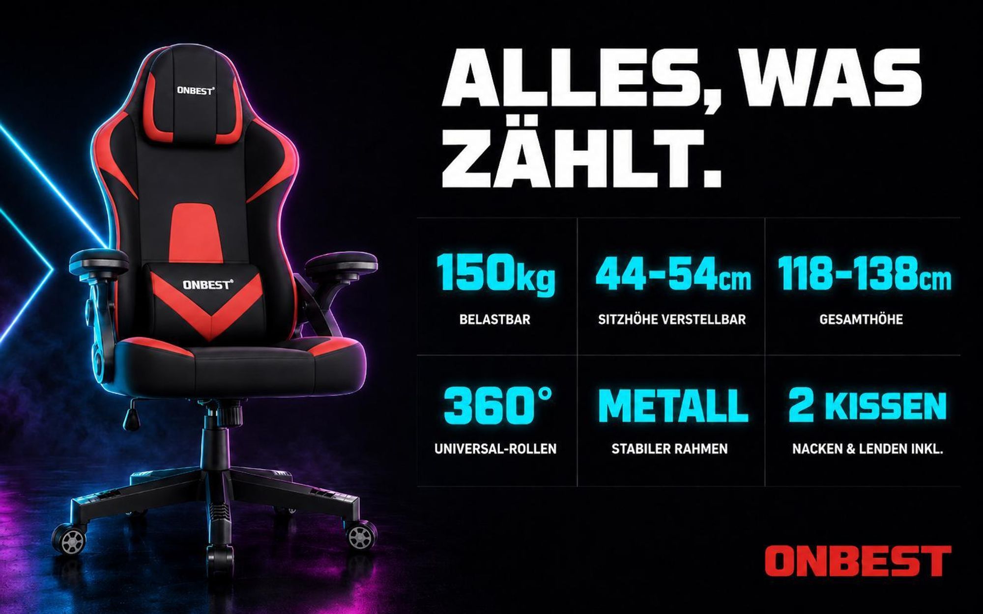 ONBEST Gaming Stuhl | Ergonomisch | mit Lordosenkissen | 150 kg | 360° | verstellbare Armlehnen Kopfstütze Rückenlehne