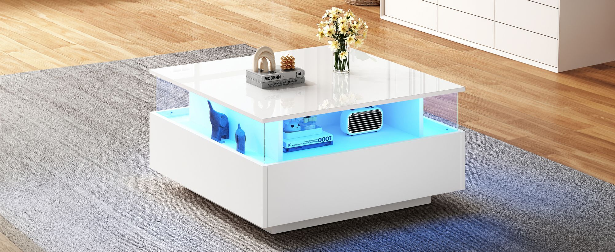MODFU Couchtisch Wohnzimmertisch LED-Couchtisch für Wohnzimmer, Schlafzimmer, Beistelltisch Quadratischerr mit 2 Schubladen und transparentem Präsentationsbereich, Weiß