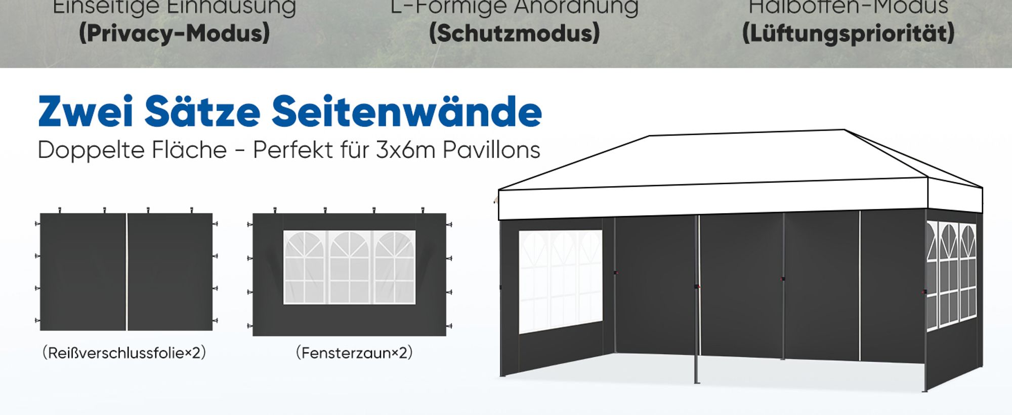 Sekey 2 Seitenteile für 3x3 /3x6m/3x9m pavillon mit Reißverschluss und Fenster, Schwarz