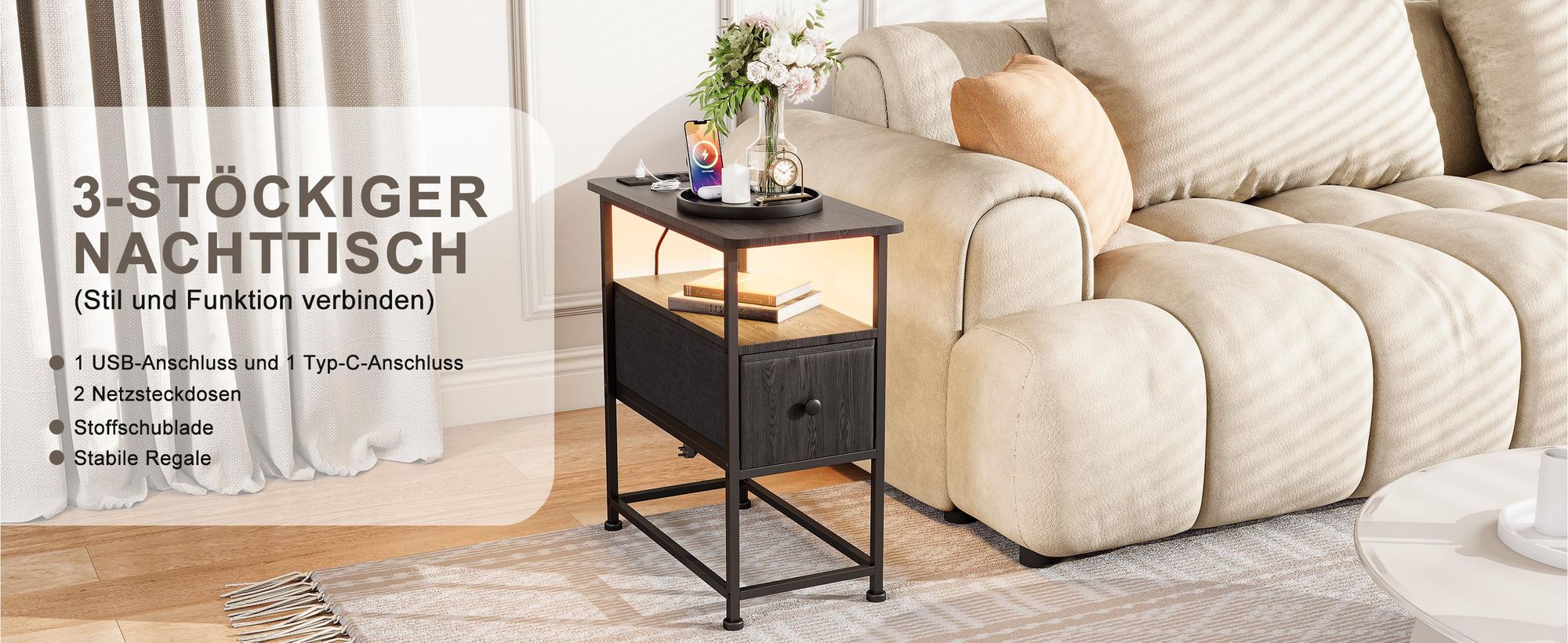 Fortuna Lai Nachttisch mit LED, Beistelltisch mit Steckdose & Stoffschublade, 3-stufiger Sofatisch mit offenem Regal, perfekt für Schlafzimmer Wohnzimmer kleine Räume, Schwarz, 60 x 30 x 62 cm