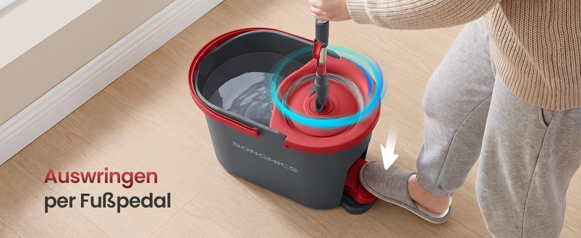 SONGMICS Wischmopp-Set mit Schleudereimer, Bodenwischer mit Auswringfunktion, Teleskopstiel, Haushalt, 2 Bezüge, grau-rot