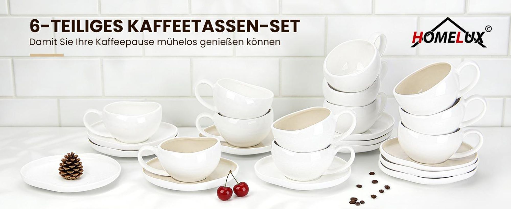 HOMELUX Tassen Set 6er mit Untertassen 200 ml Kaffeetassen Set Espressotassen Set 6 Personen, Hält Lange Warm Spülmaschinenfest Kaffee Tassen Sets