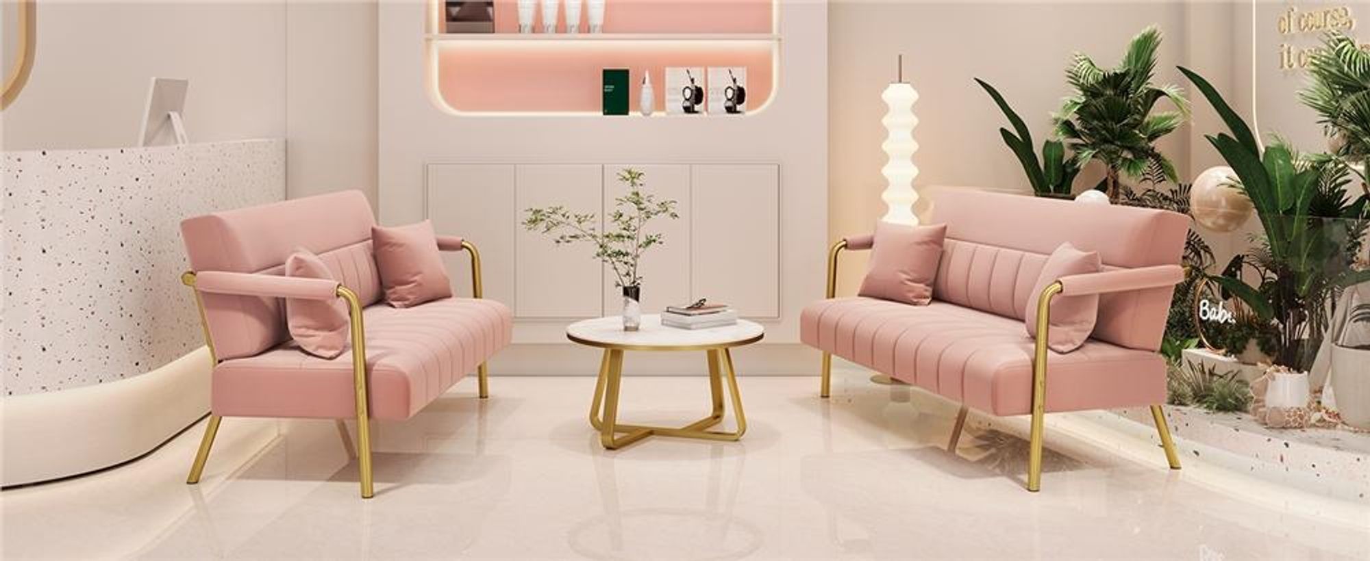 Yaheetech Polstersofa mit Armlehnen & Beine aus Metall Modernes Zweisitzer-Sofa mit 2 Lendenkissen Loveseat fürs Wohnzimmer/Schlafzimmer Rosa