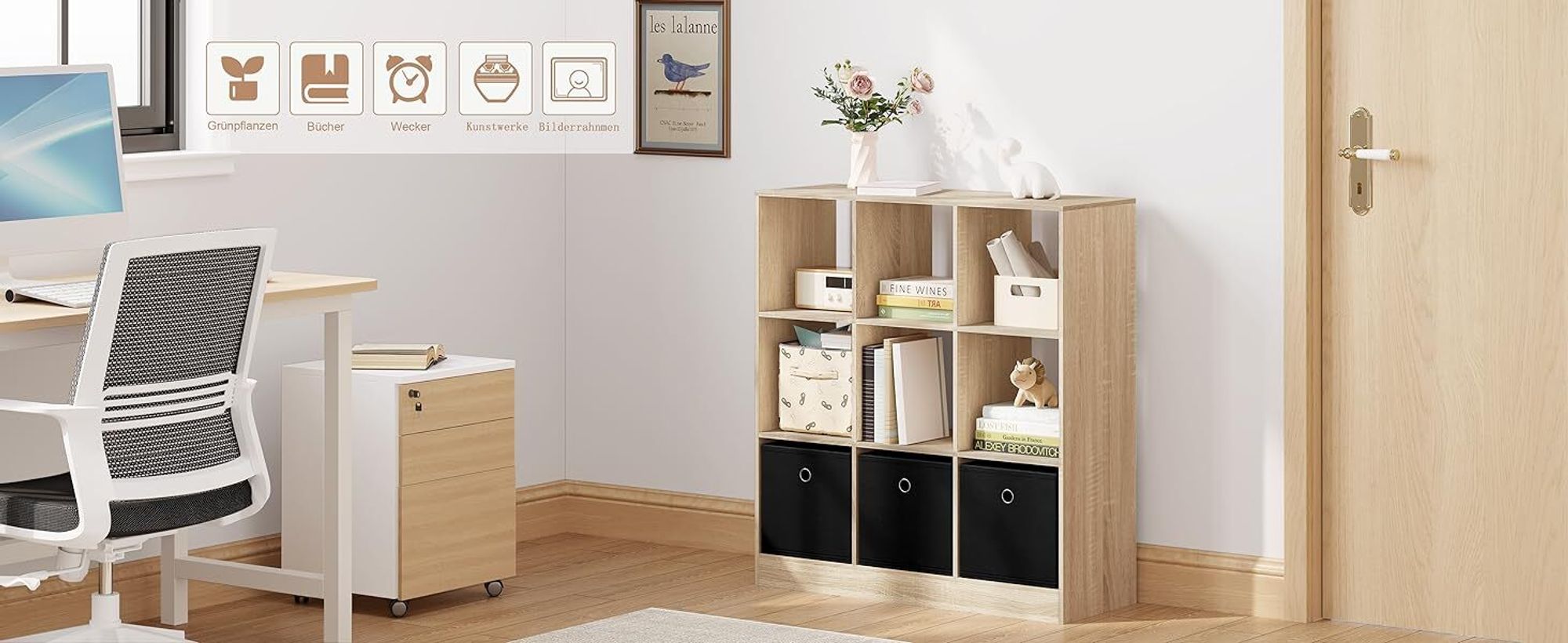 WOLTU Bücherregal Standregal, mit 9 Fächern 3 Schubladen, aus Vliesstoff, Eiche