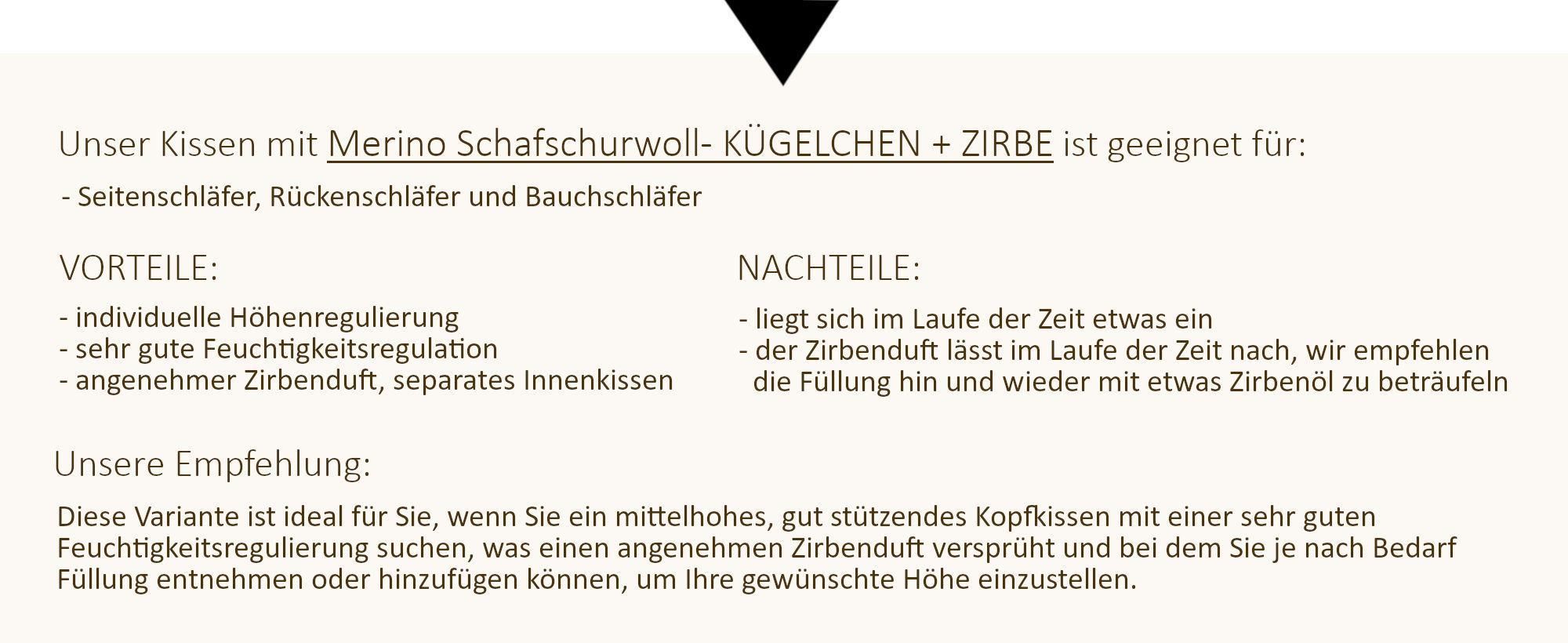 Merino Schafschurwoll- Kügelchen + Zirbe geeignet für Seiten-, Rücken- und Bauchschläfer.