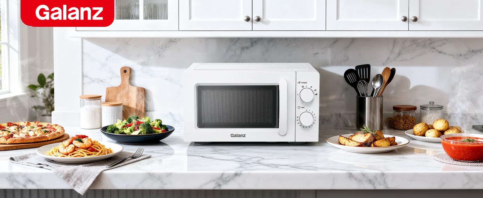 Galanz Mikrowelle 20L Weiß 700W mit Auftaufunktion, 6 Leistungsstufen und Glasdrehteller