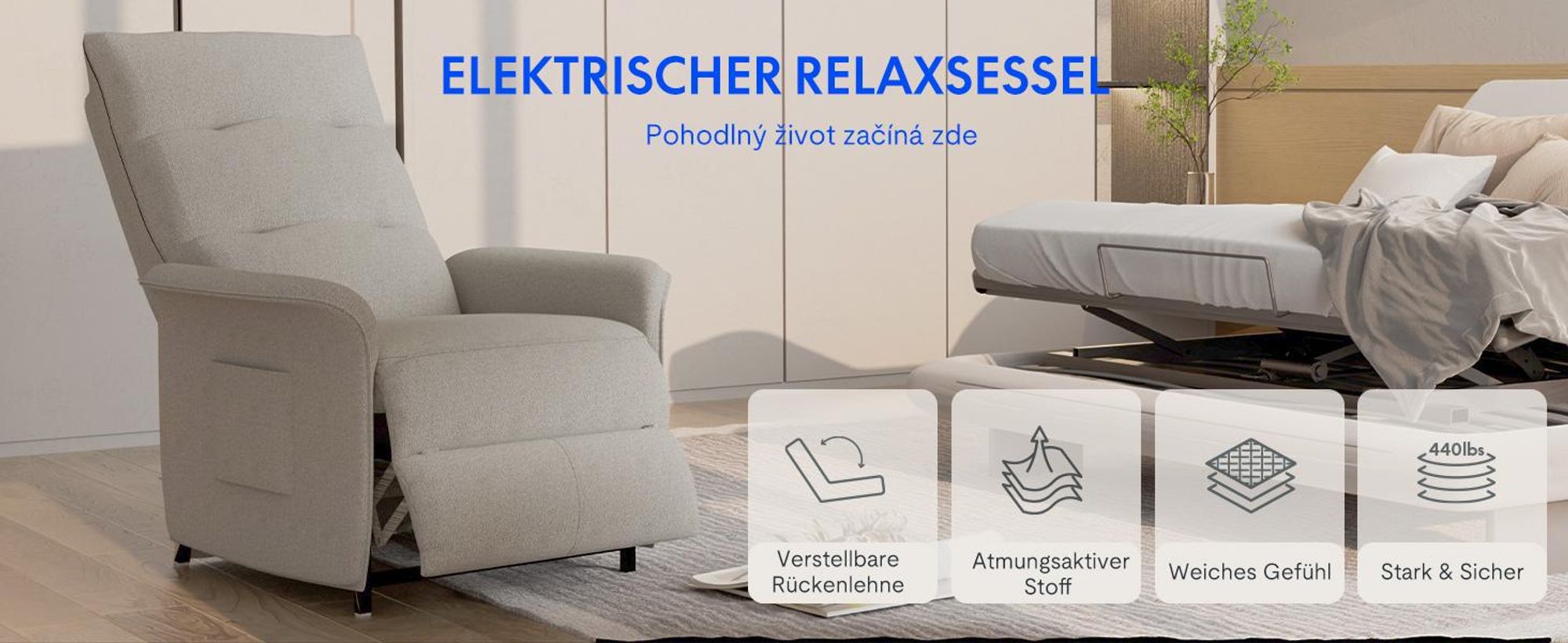 FLEXISPOT Elektrické relaxační křeslo s polohováním 105°–155°, ergonomické křeslo s podnožkou, TV křeslo do 200 kg, světle šedé