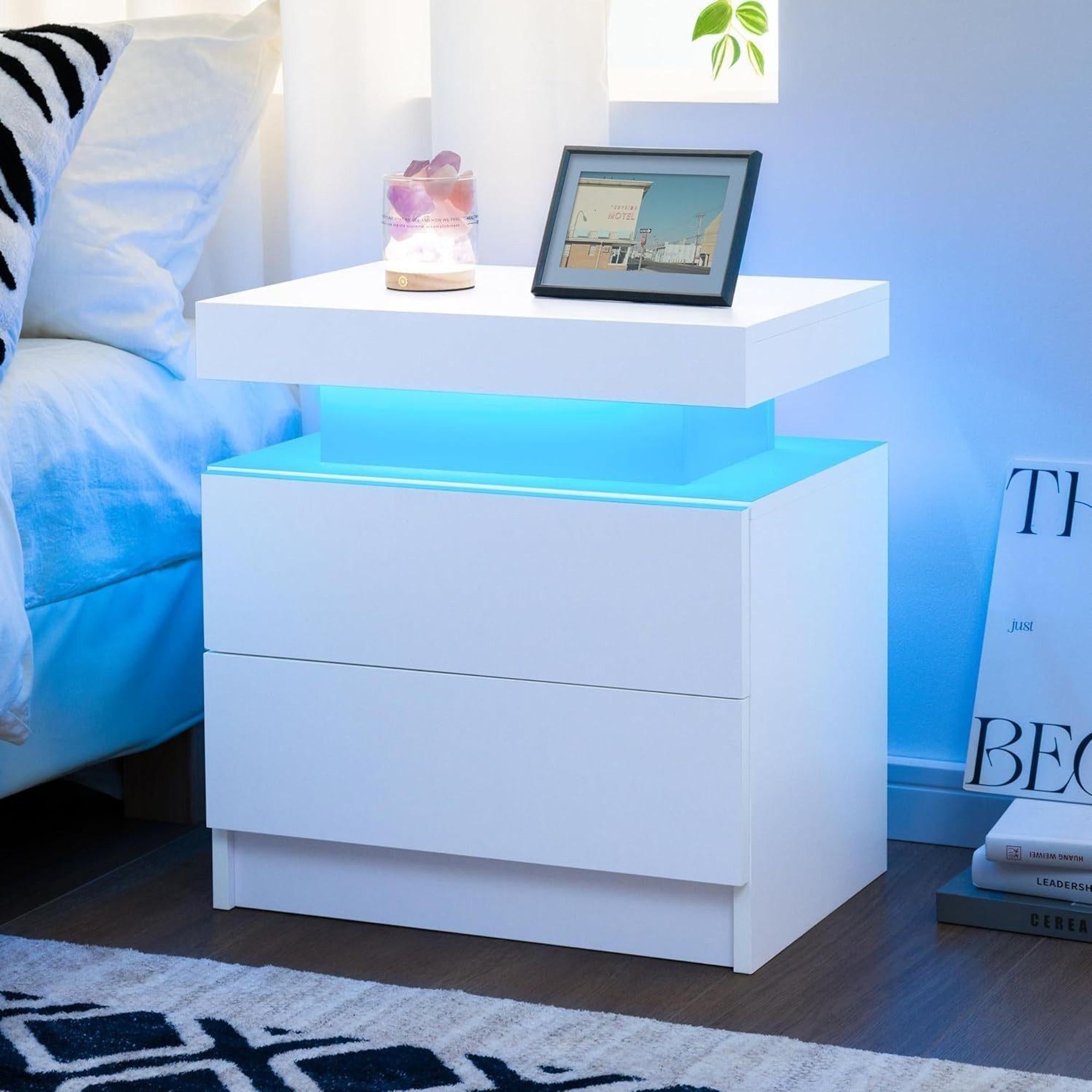 OYAJIA Nachttisch Hochglanz Nachtschrank mit 2 Schubladen,LED-Beleuchtung 16 Farben Nachttisch mit LED Streifen, Beistelltisch, Nachttisch Sofatisch