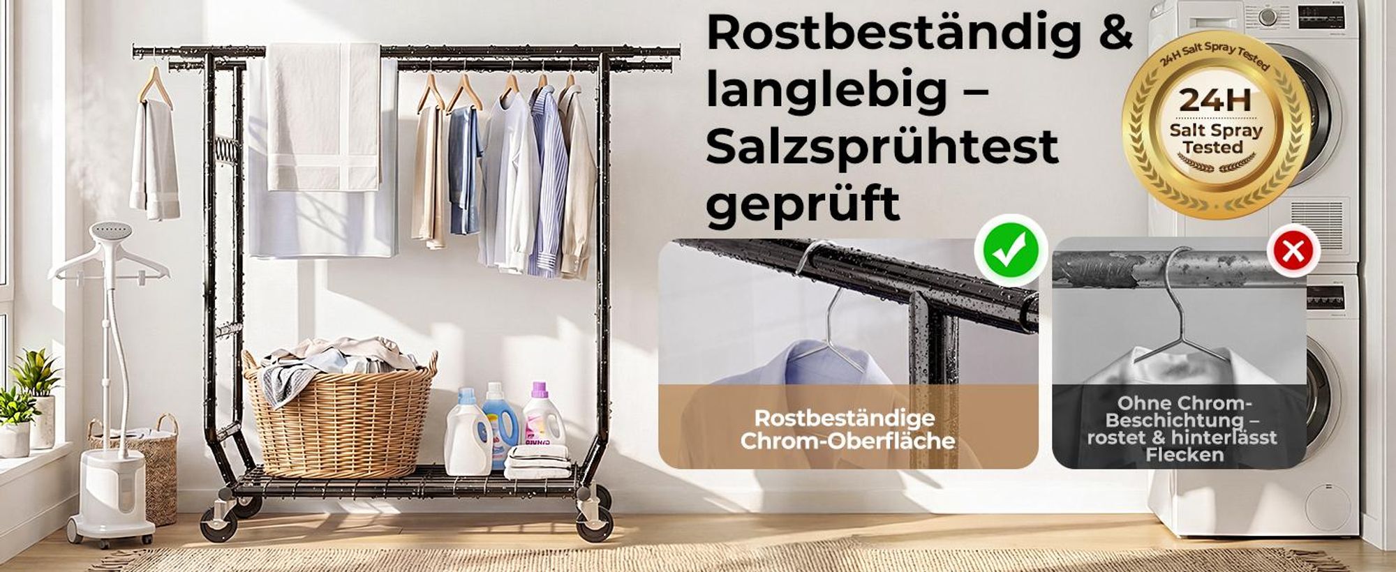 HOKEEPER Schwerlast Kleiderständer auf Rollen, Doppelter Kleiderstange,bis 283 kg belastbar (D002K)