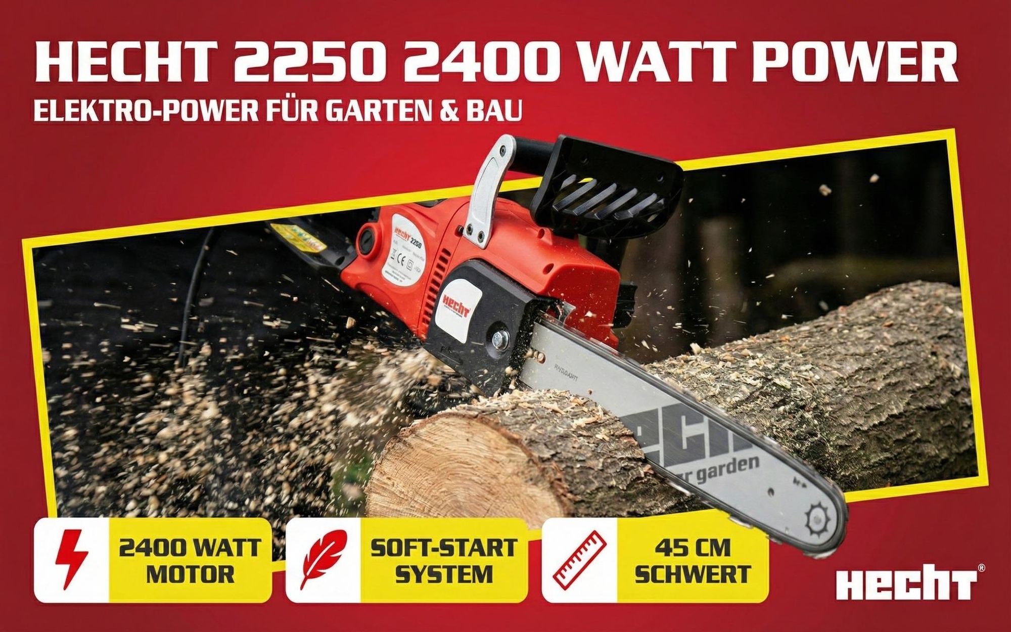 Kettensäge Motorsäge Elektro HECHT 2250 | 40 cm Schnittlänge | 2400 W | Soft-Start | Ergonomisch