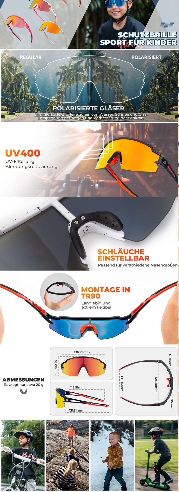 ROCKBROS Fahrradbrille Kinder Sportbrille, Polarisierte Sonnenbrille UV400 Radbrille Winddicht TR90 Schwarz