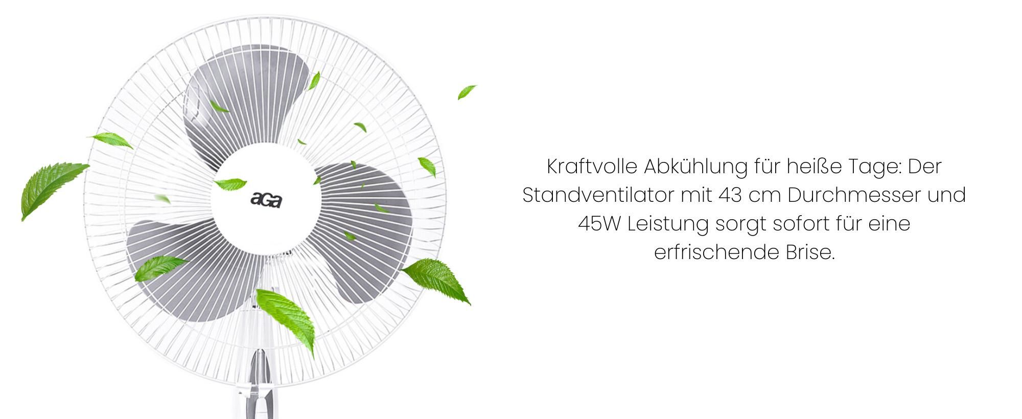 Aga Standventilator 43 cm Schwarz , 3-Geschwindigkeitsstufen, Oszillation, Verstellbare höhe, 45 W