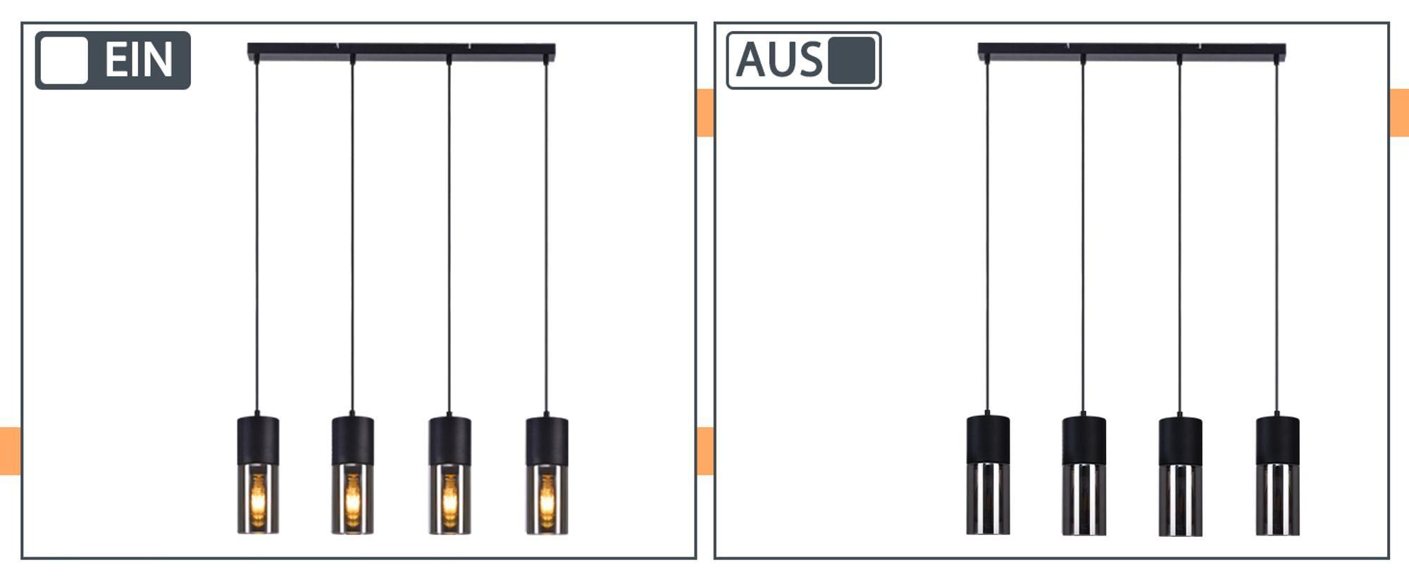 ZMH Hanglamp, eettafel, hanglamp, E27, pendellamp, 4 lichtpunten, verstelbare LED, modern, lampenkap van glas, zwart, kroonluchter voor keuken, woonkamer, slaapkamer