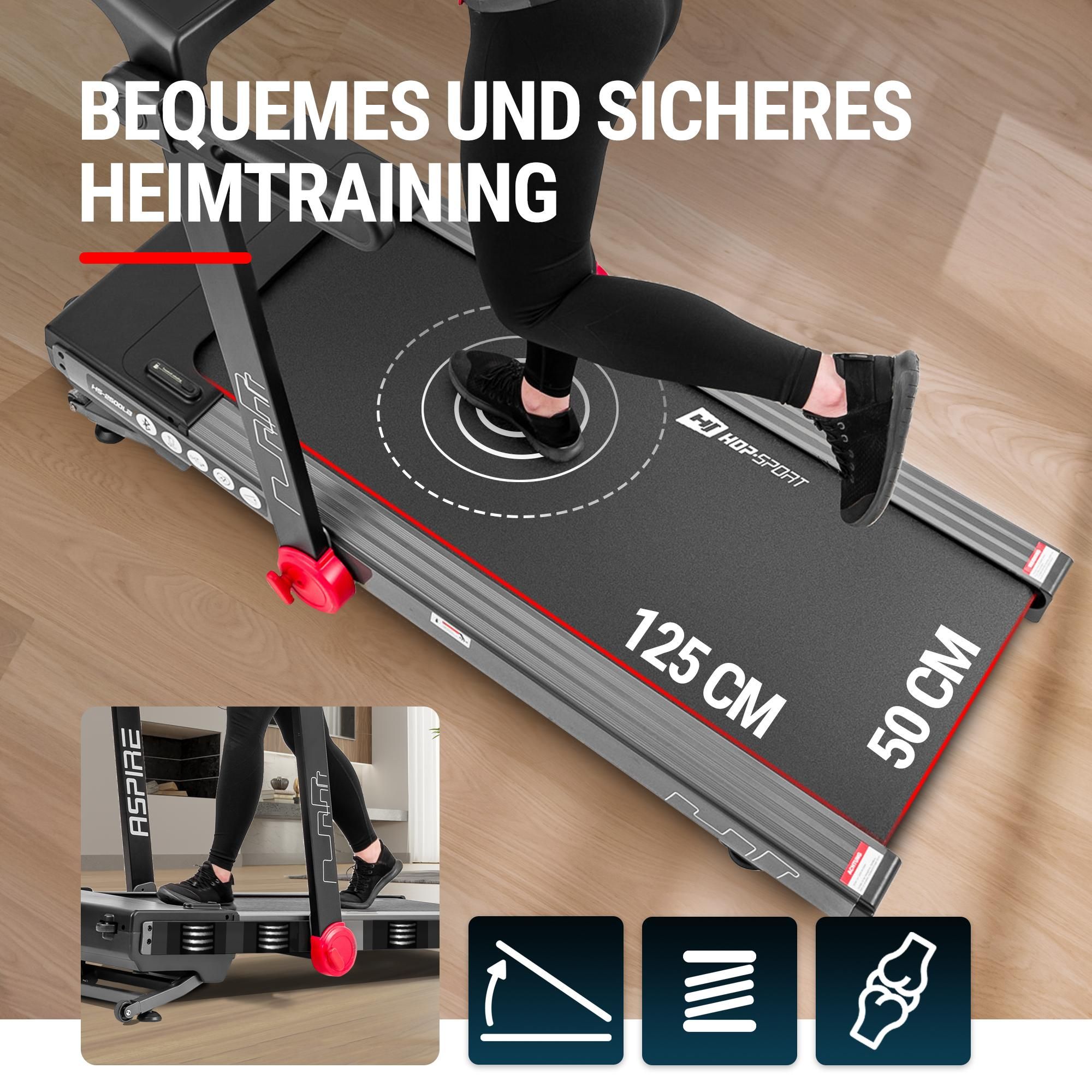 Hop-Sport Laufband für Zuhause Aspire HS-2500LB - elektrisches Laufband mit USB- und Bluetooth, bis 18km/h, bis 150 kg belastbar, Motor 3,0 HP