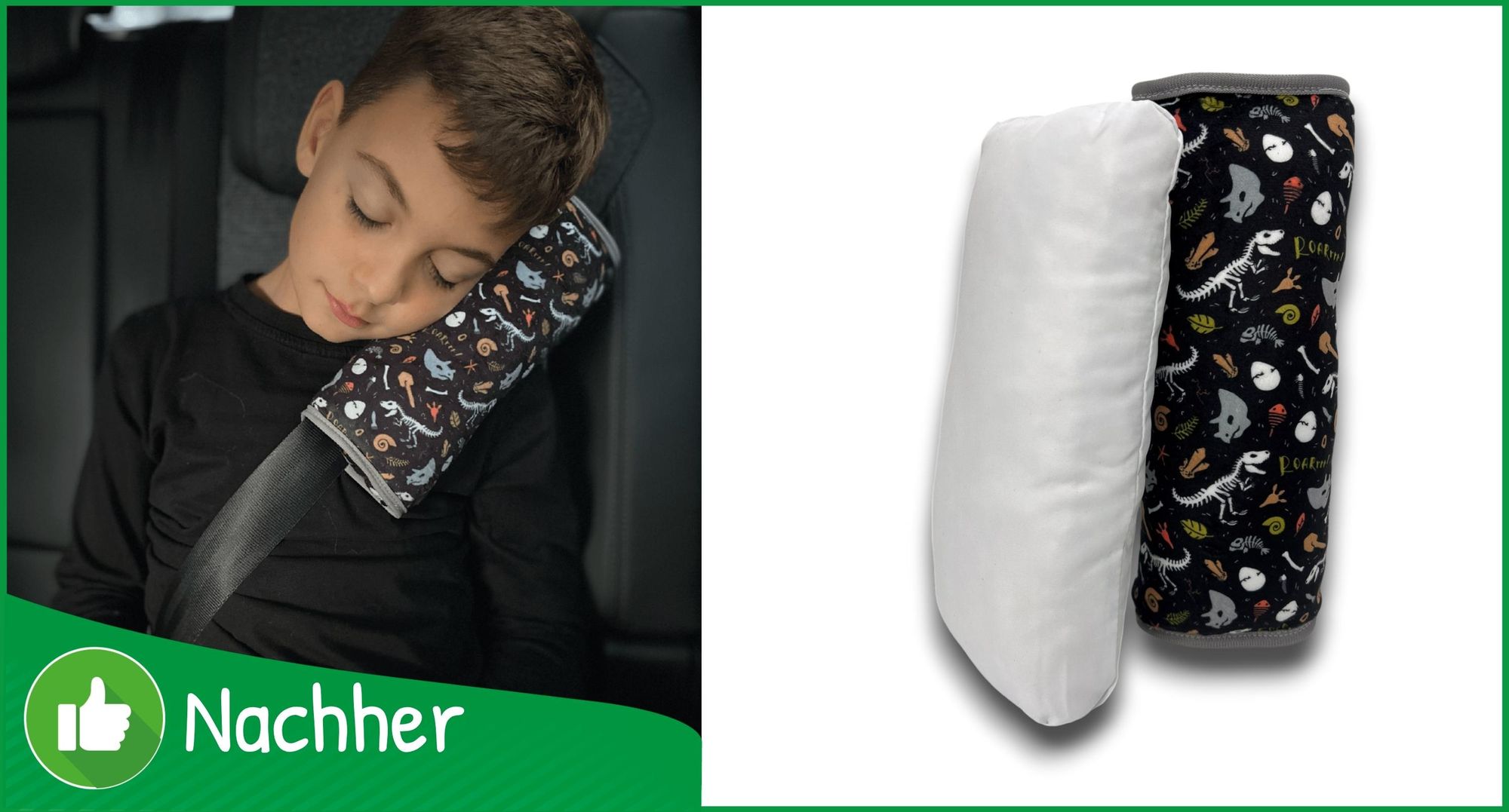 HECKBO Auto Schlafkissen Dinosaurier Skelett für Kinder - maschinenwaschbar – kuschelweich - hochwertiges Auto Gurtkissen, Gurtschoner, Gurtkissen, Gurtschutz, Auto Kissen, Reisekissen, Urlaub - 30 x 12cm