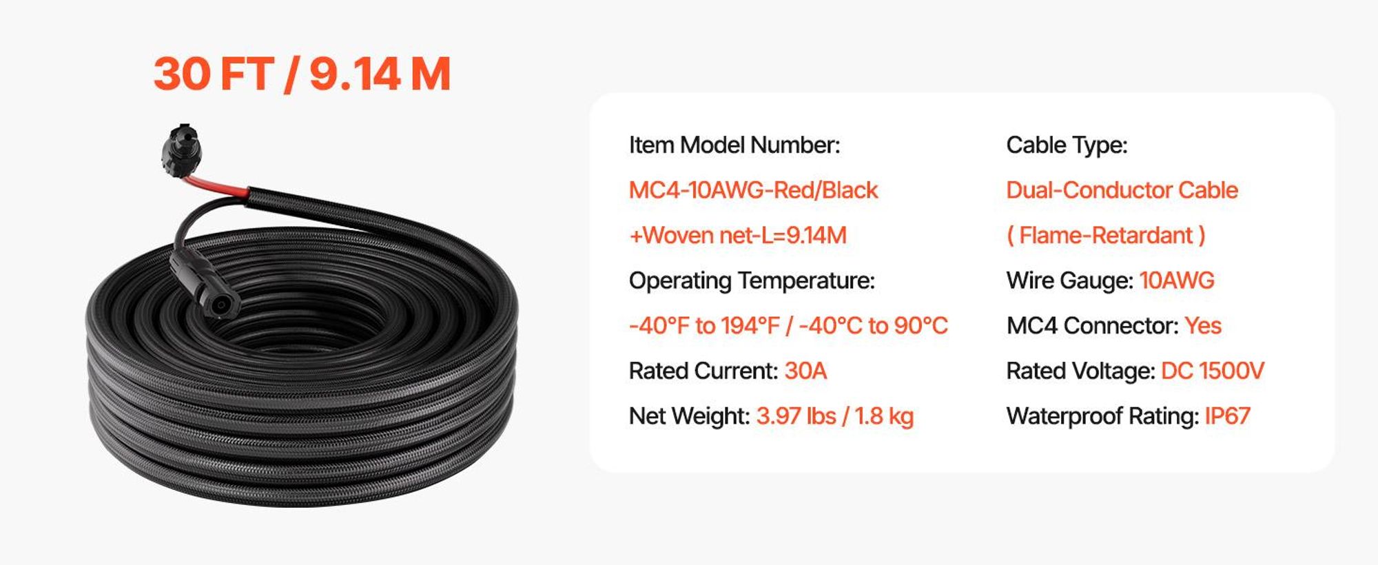 VEVOR Solarkabel Verlängerung 9,14 m, 10 AWG, Solarverlängerungskabel mit Flammhemmender Schutzhülle, Weibliche & Männliche Steckverbinder, IP67, PV-Kabel, für Auto, Wohnmobil, Schwarz & Rot