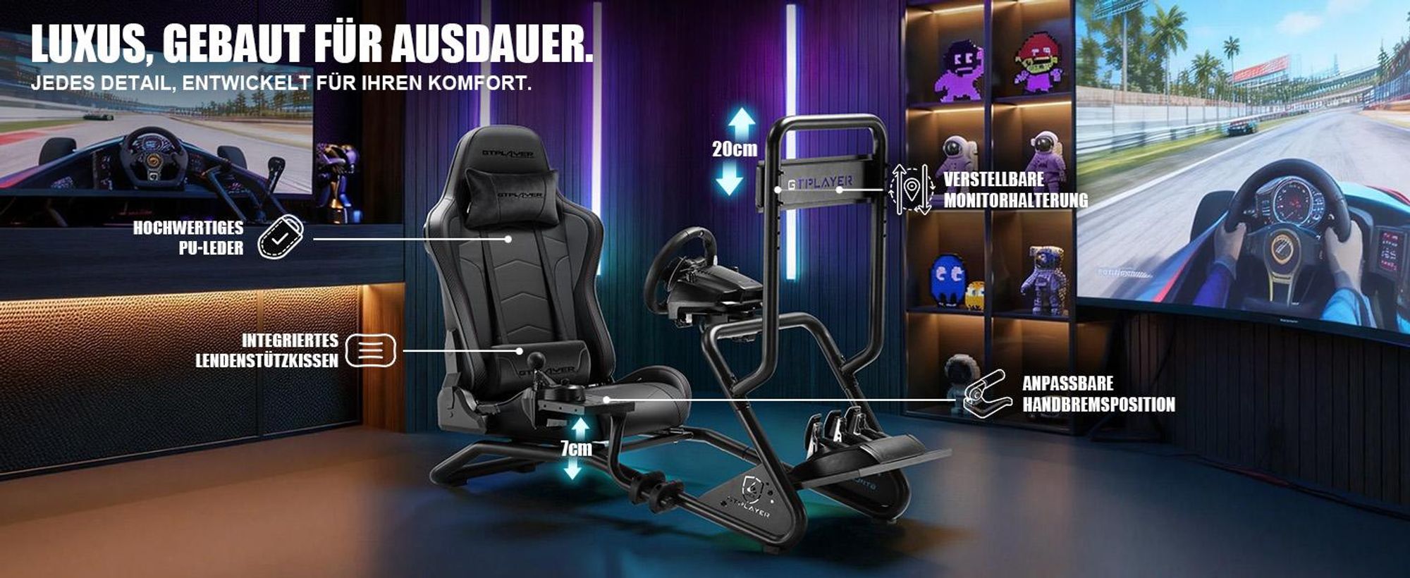 GTPLAYER Simulator Cockpit,Rennsimulator lenkradständer mit 3D-Stereo-Lautsprechern, Monitorhalterung, verstellbarer Lenkradhalterung, Schalthebelhalt