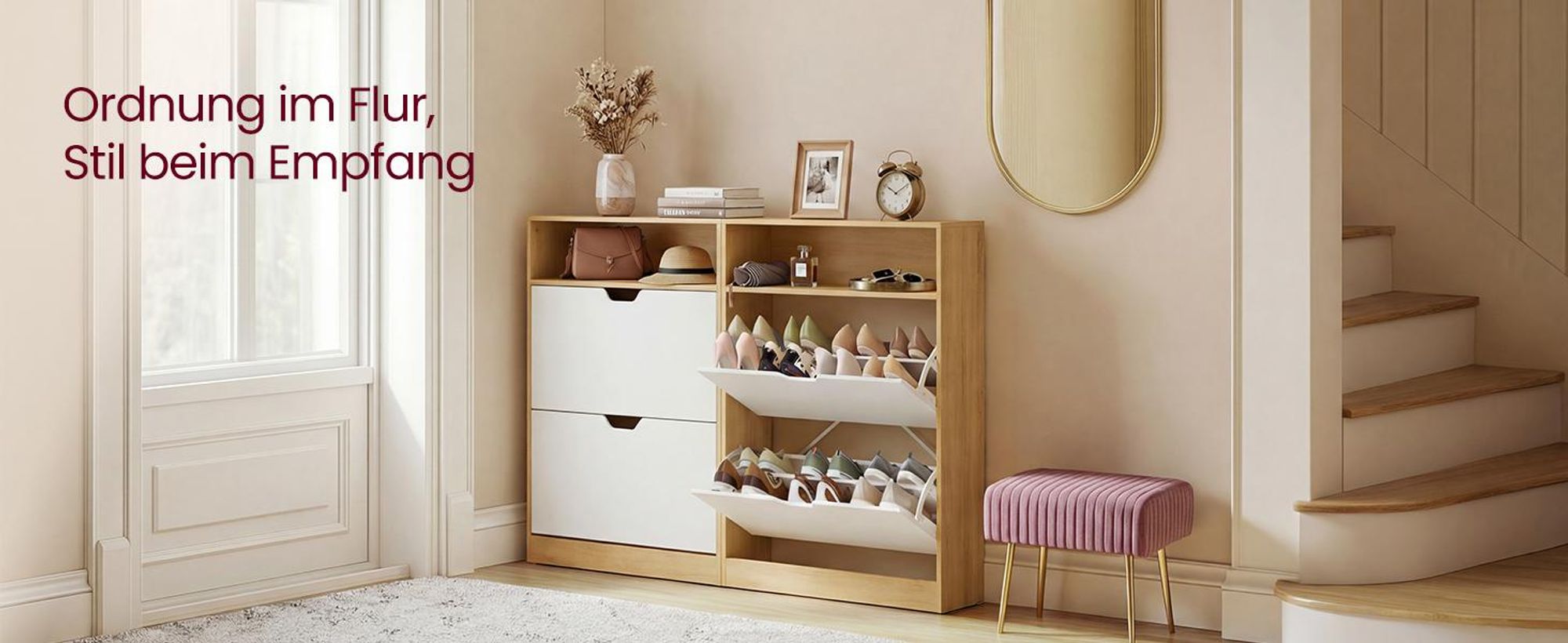 VASAGLE Schuhregal 2 Klappen, mit verstellbarer Trennwand, Schuhaufbewahrung, offenes Fach, 24 x 80 x 102 cm, eichenfarben-weiß