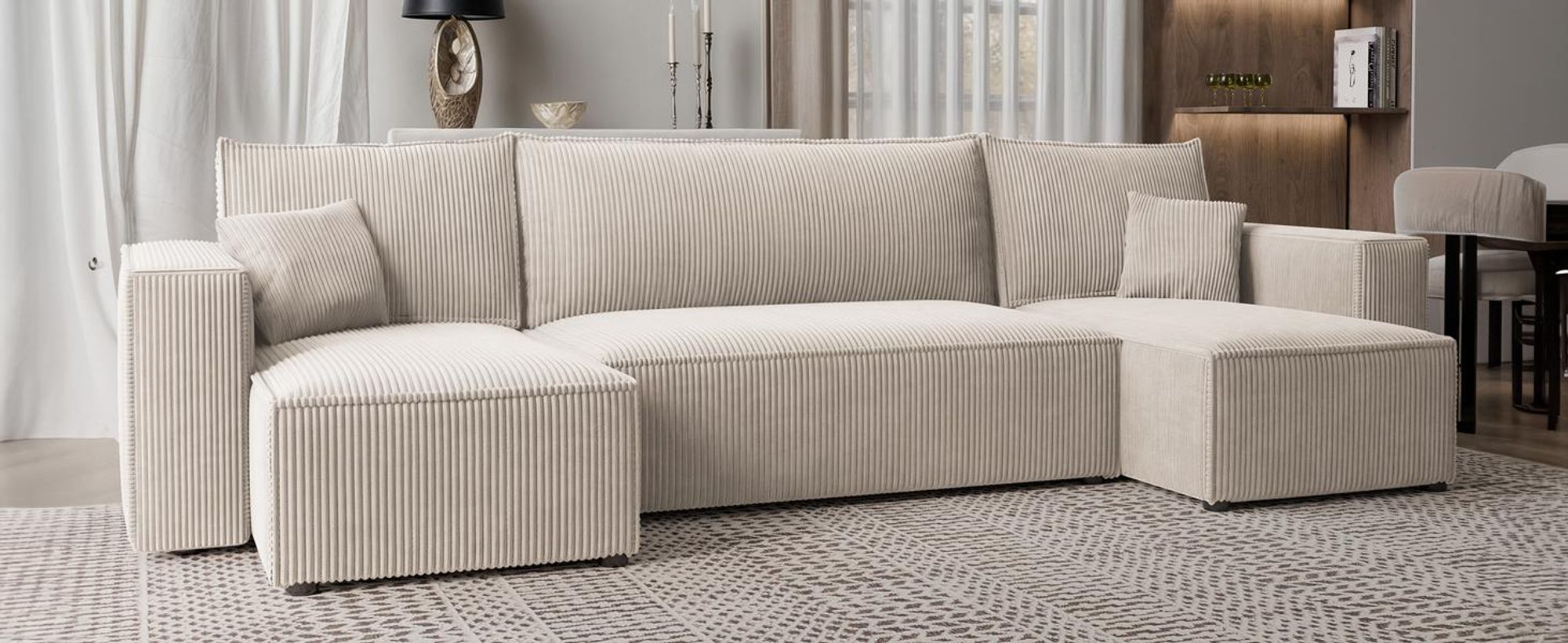 Idohome Ecksofa - Wohnzimmer Sofa mit Schlaffunktion und Bettkasten, Eckcouch, Polstermöbel, Sofa, Couch modern in Farbe Creme Poso 100 Paris U Form