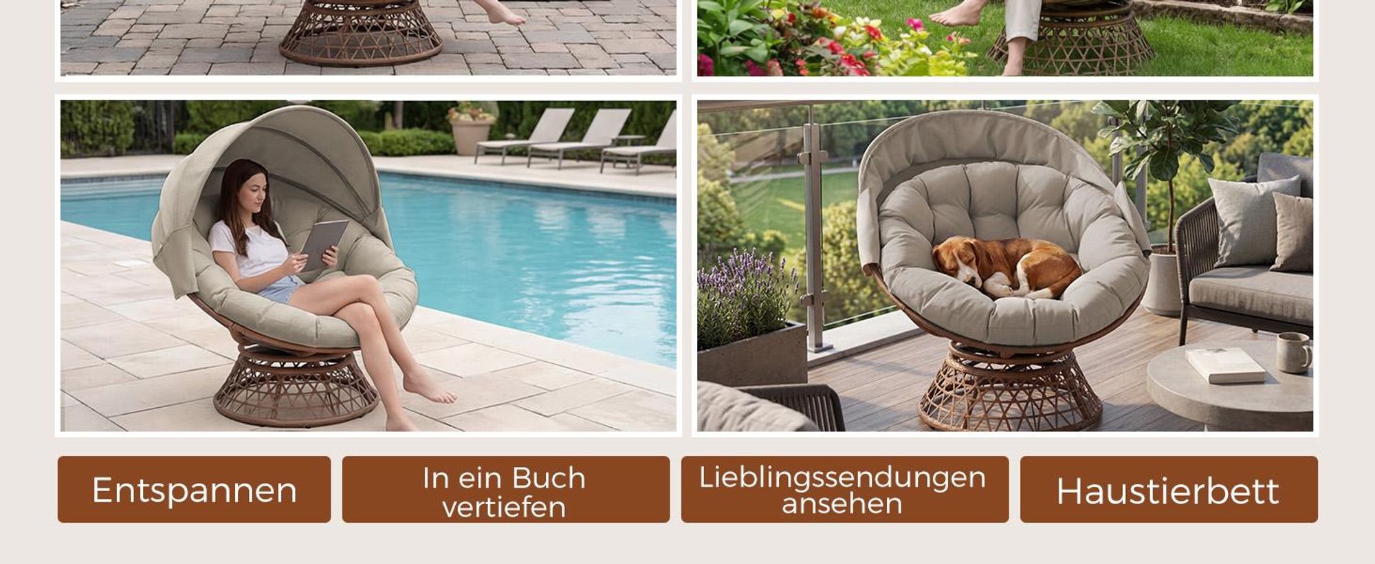 COMHOMA Papasansessel, gemütlicher Drehsessel mit Kissen rund, bequemer Rattansessel, Loungesessel drehbar, runder Relax Korbsessel Rattan, BRAUN