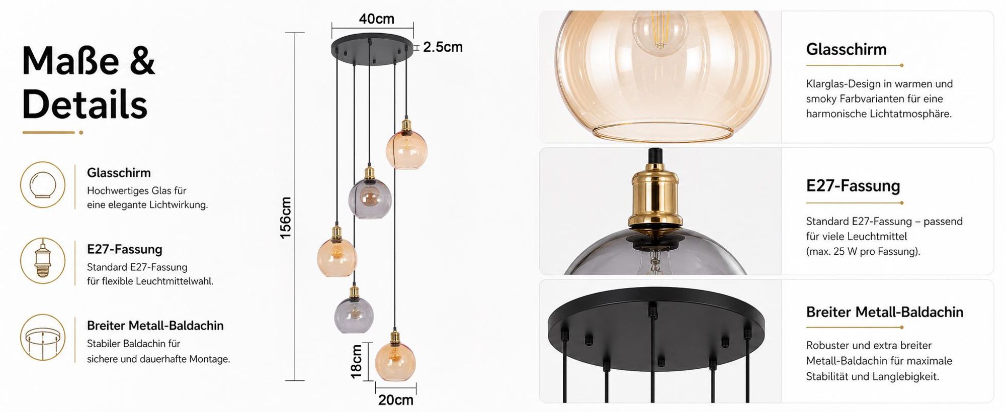 ZMH Hanglamp 5 lichts glas 160cm hoogte verstelbare pendellamp voor trappenhuis villa woonkamer eetkamer slaapkamer gang hoge plafonds