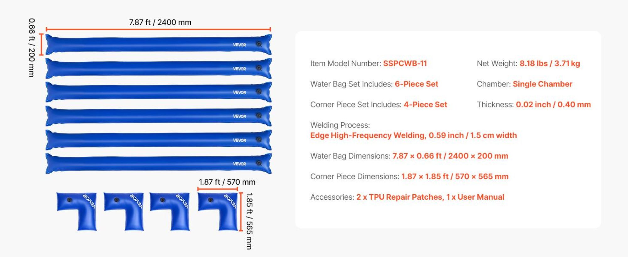 VEVOR Wassersäcke-Set, 6er-Pack 2,4 m Beschwerungssäcke & 4 Wassersäcke mit Eckausführung, 0,4 mm dicker PVC-Sack mit auslaufsicherem Ventil, zur Befestigung von Poolabdeckungen im Winter