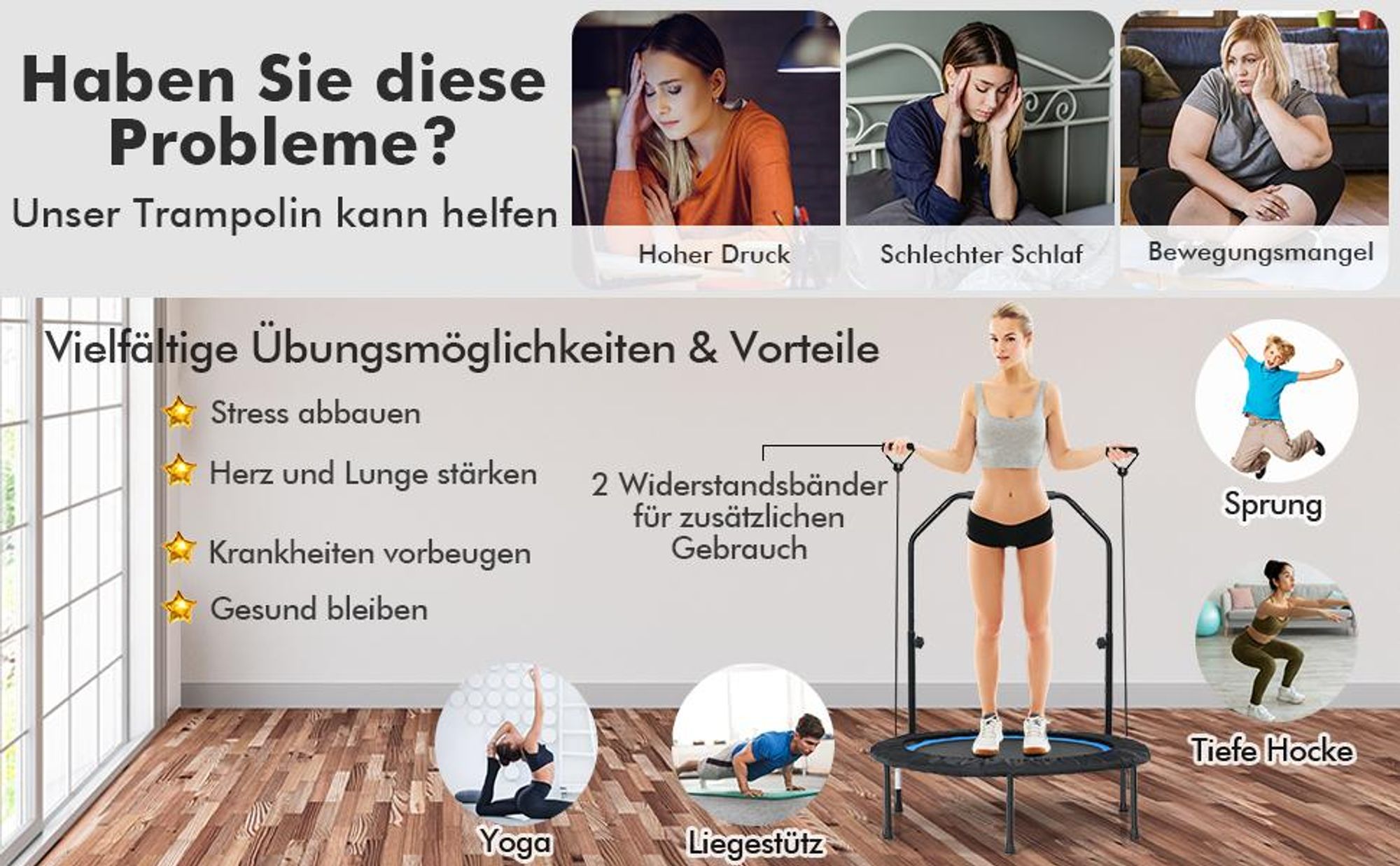 COSTWAY φ101cm Fitmess Trampolin, Mini Trampolin mit höhenverstellbarm Haltegriff & 2 Widerstandsbändern, Kindertrampolin, Gartentrampolin, Blau